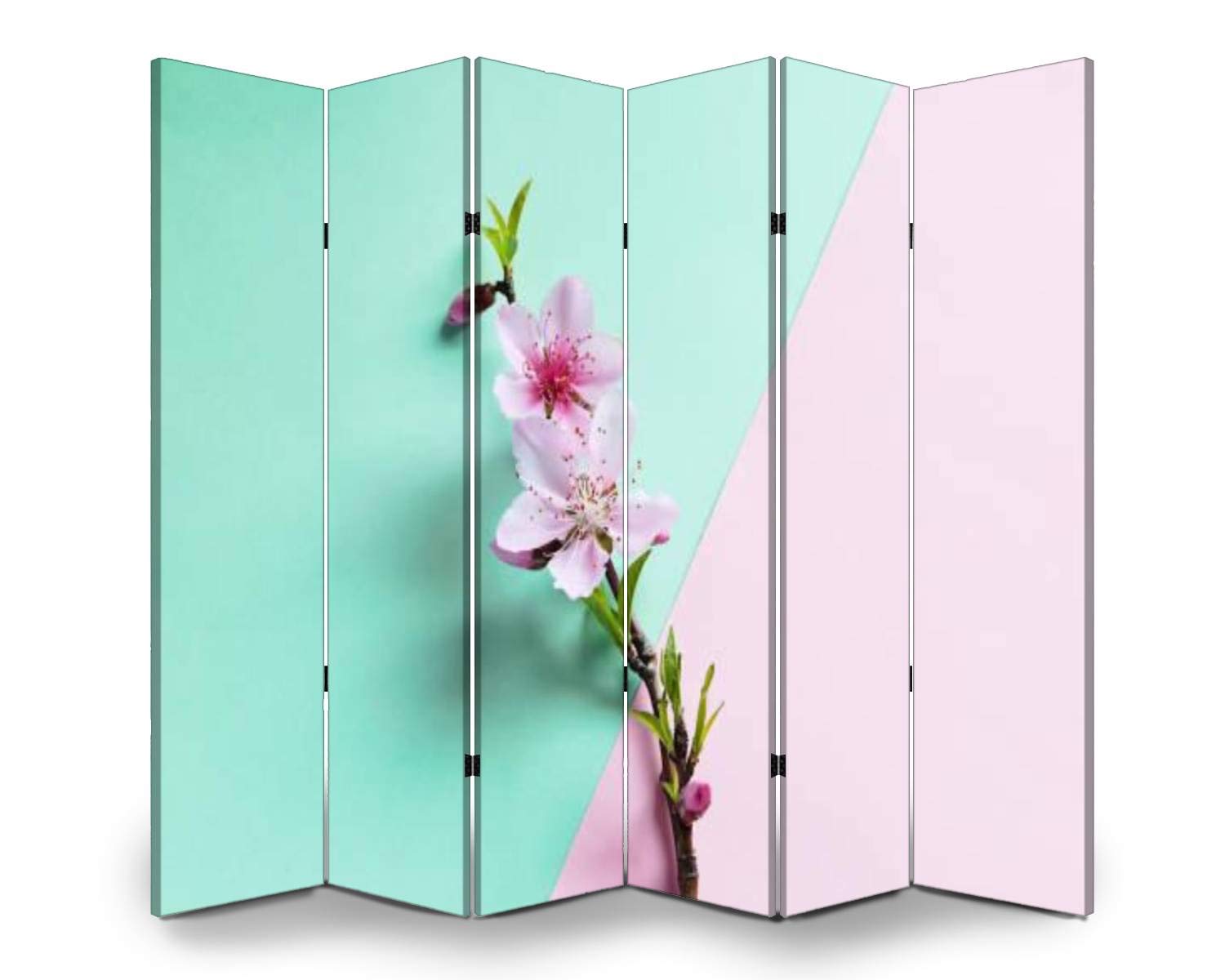 6-Panel Wooden Room Divider with Blossom Peach Branch Design - Pink & Green Canvas Folding Privacy Screen, Dual-Sided Wall Partition for Home Decor, Office Space Divider | Perfect for Living Rooms, Bedrooms & Studio Spaces