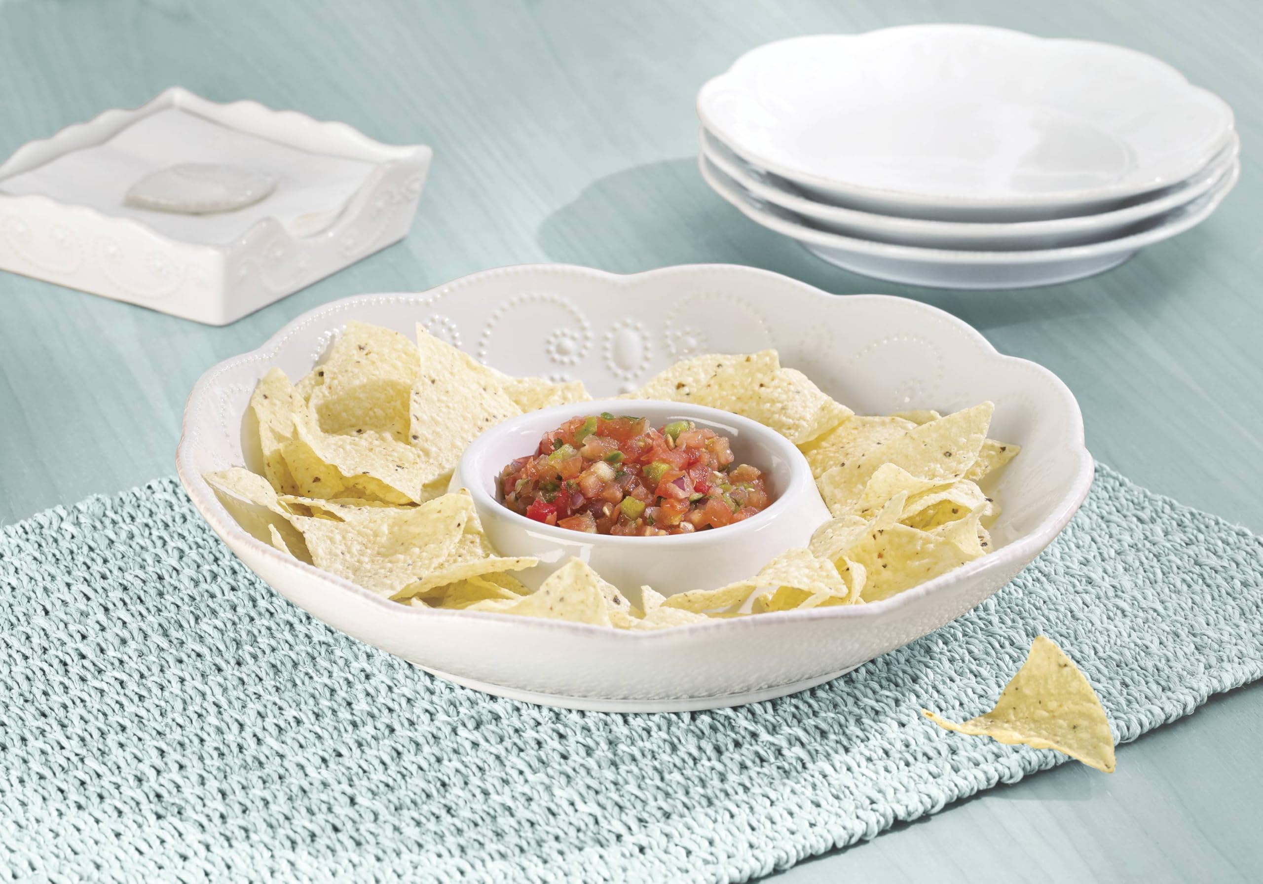 Lenox French Perle White Chip and Dip Serving Tray - Elegant Appetizer Platter for Parties, Entertaining & Holiday Gatherings