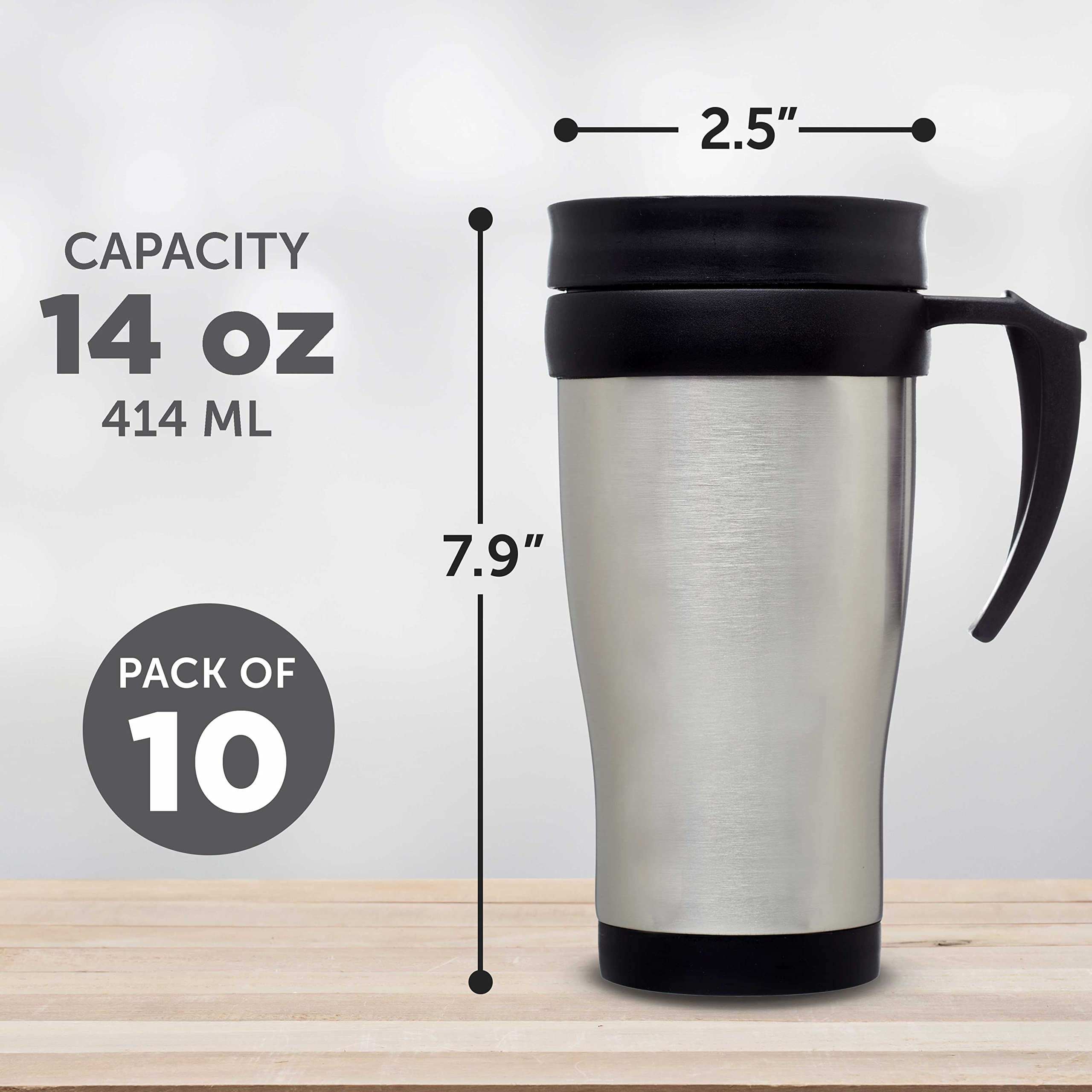 Premium 14 oz Stainless Steel Travel Mugs with Handle - Set of 10 Bulk Pack - Insulated Hot & Cold Beverage Containers for Coffee, Tea, Soda - Ideal for Office, Camping, Travel & Gifts - Silver