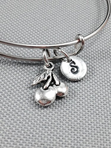 Personalized Cherry Charm Bangle Bracelet - Custom Initial Fruit Jewelry for Women - Perfect for Summer Outfits, Casual Wear & Gift Giving