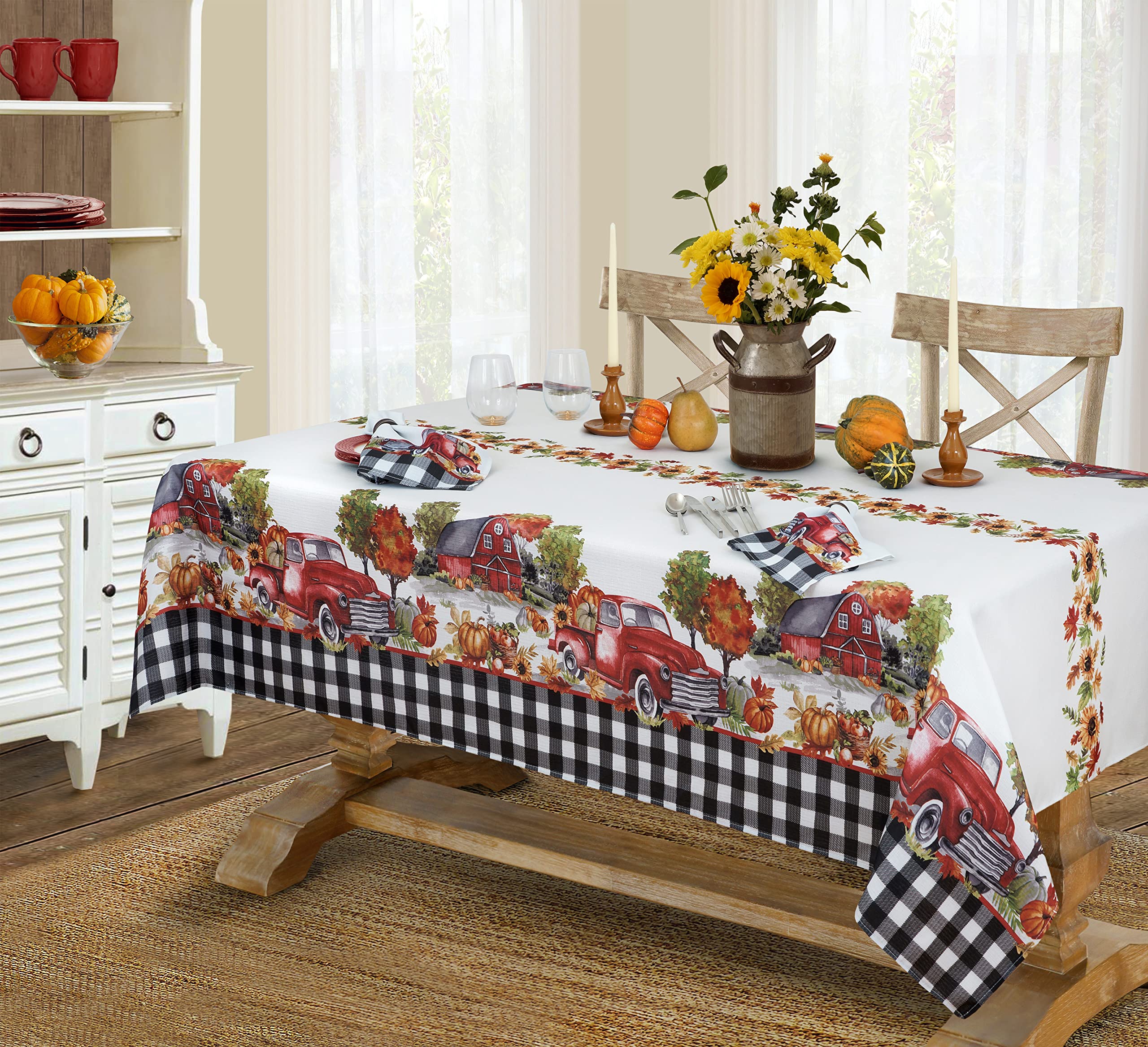 Newbridge Thanksgiving Autumn Farm Truck Gingham Bordered Fabric Placemats - Set of 4 Fall Pumpkin Harvest Barn Print Table Mats - Washable & Durable for Holiday Dinner, Banquet & Home Decor