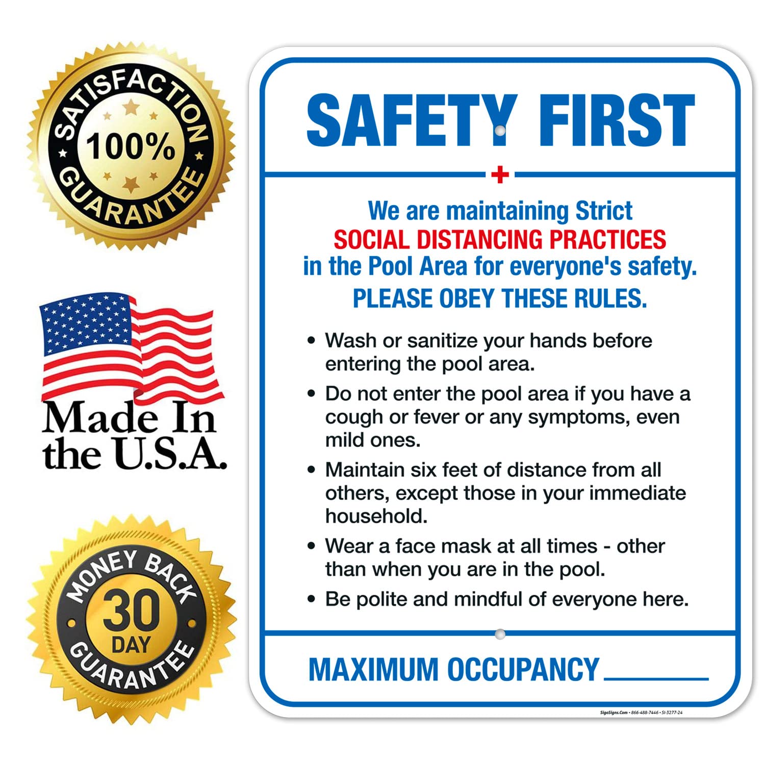Social Distancing Pool Rules Sign - 18x24 Inch Rustproof Aluminum Safety Sign for Swimming Pools | Fade-Resistant, Easy to Install | Indoor/Outdoor Use | Made in USA | Perfect for Public Pools, Water Parks & Backyard Safety