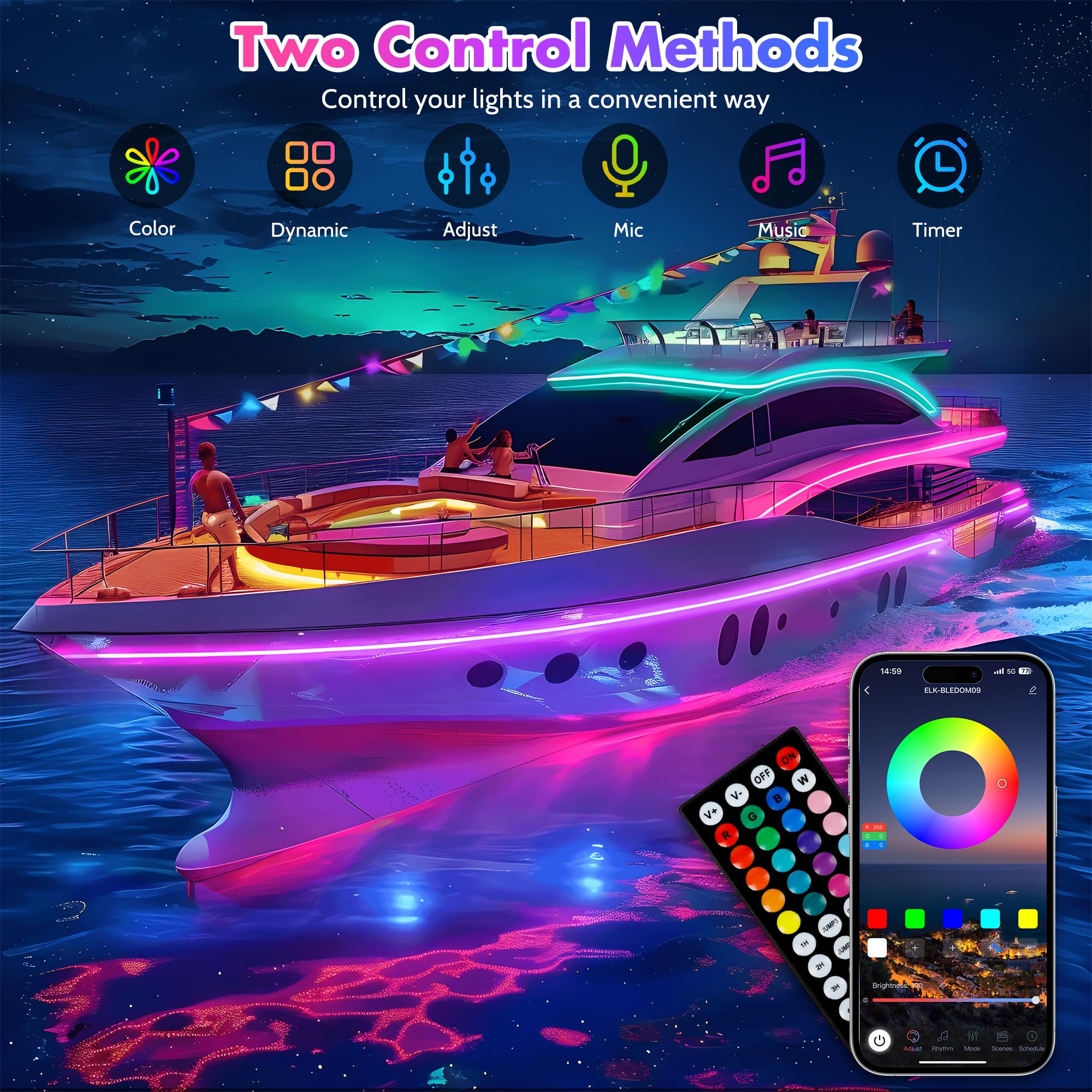 Smart LED Boat Strip Lights 65.6ft RGB IP68 Waterproof - for Marine Interior & Night Fishing