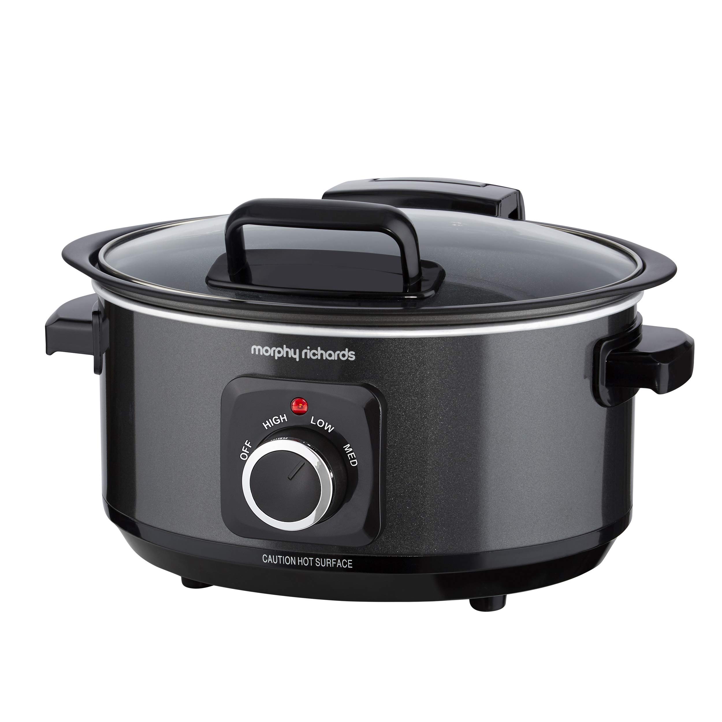 Morphy Richards 6.5L Slow Cooker with Detachable Hinged Lid - Shatterproof Aluminum Pot, 3 Heat Settings, Hob Safe, Easy to Clean (163W, Black, Model 461020) - Perfect for Stews, Soups, and Family Meals