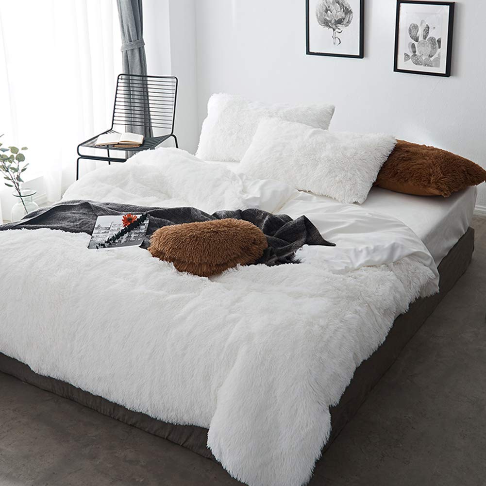 MorroMorn 5-Piece Shaggy Duvet Cover Set - Ultra Soft Faux Fur Luxury Bedding for Full/Queen Size (White) | Cozy Winter Bedroom Upgrade & Boho Home Decor
