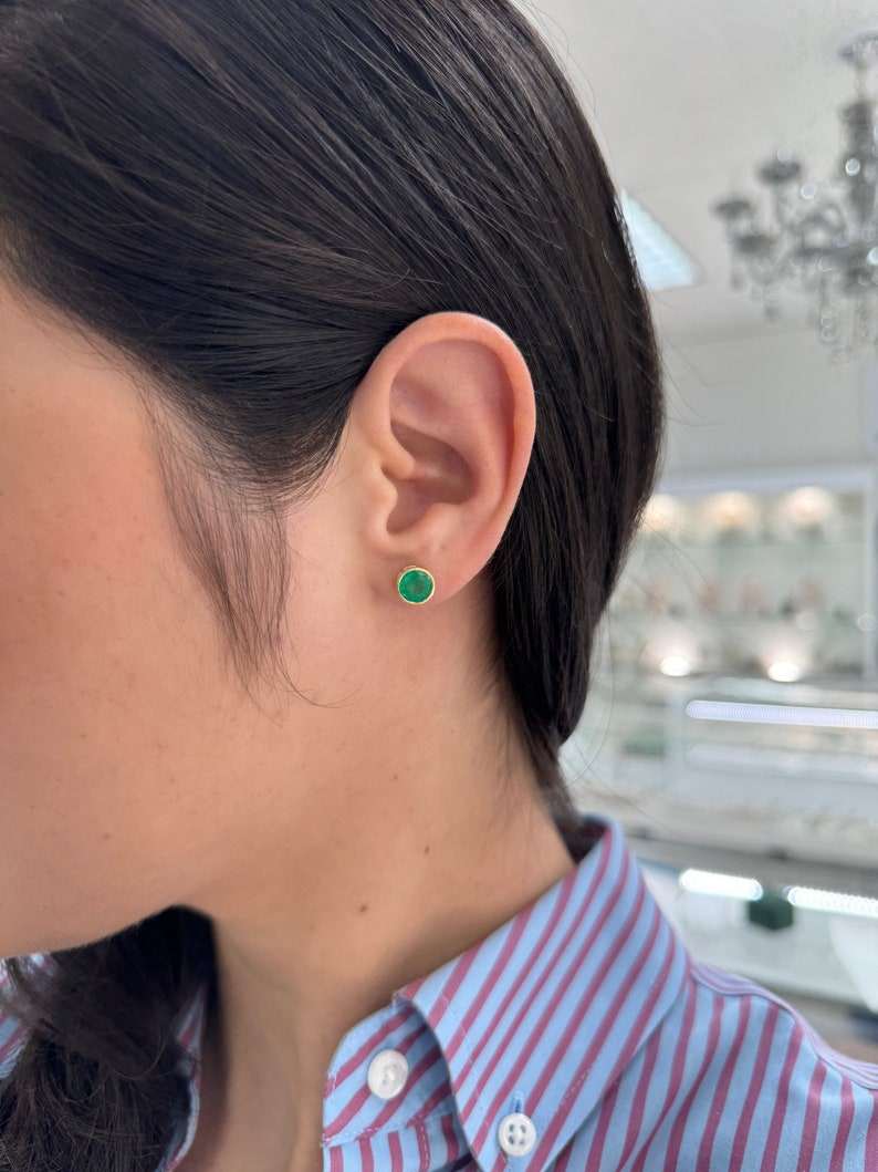2.14tcw 18K Gold Round Cut Vivid Rich Green Bezel Set Emerald Stud Earrings for Women - Perfect for Weddings, Parties & Special Occasions