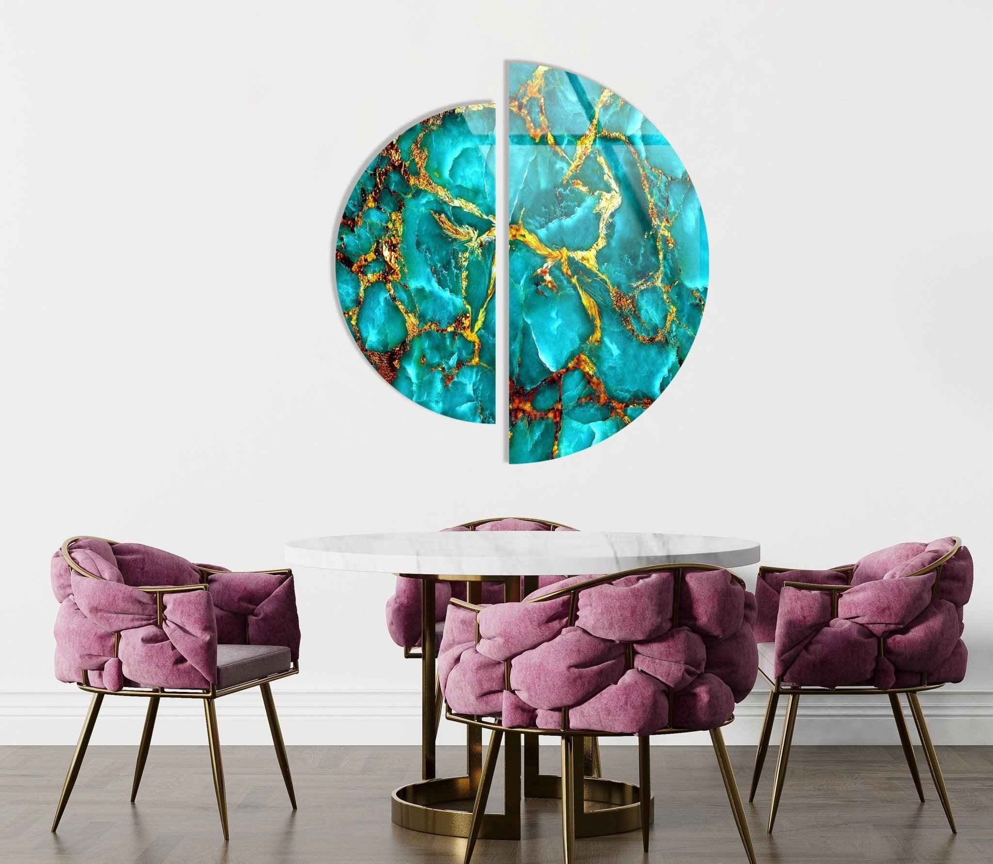 2 Piece Green & Gold Marble Glass Wall Art Set - Modern Abstract Home Decor for Living Room, Bedroom, Office - Shatterproof Tempered Glass Hanging Art Panels