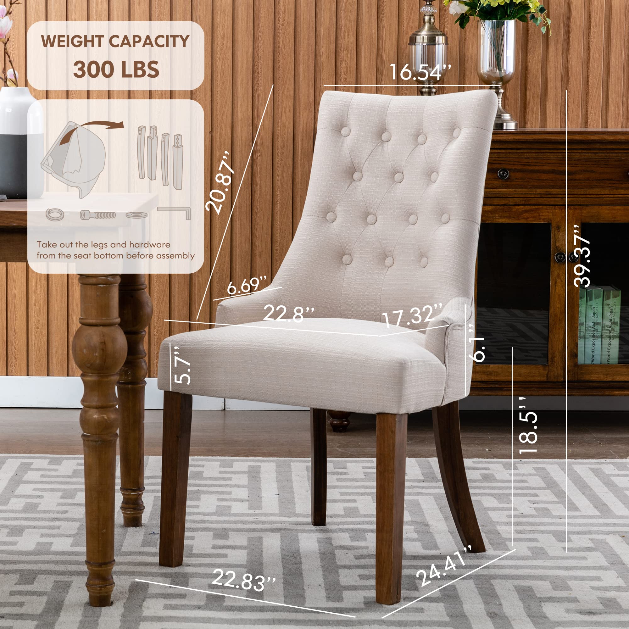 COLAMY Set of 2 Beige Wingback Upholstered Dining Chairs - Tufted Fabric Side Chairs for Dining Room, Living Room & Kitchen - Elegant Home Seating for Dinner Parties & Family Gatherings
