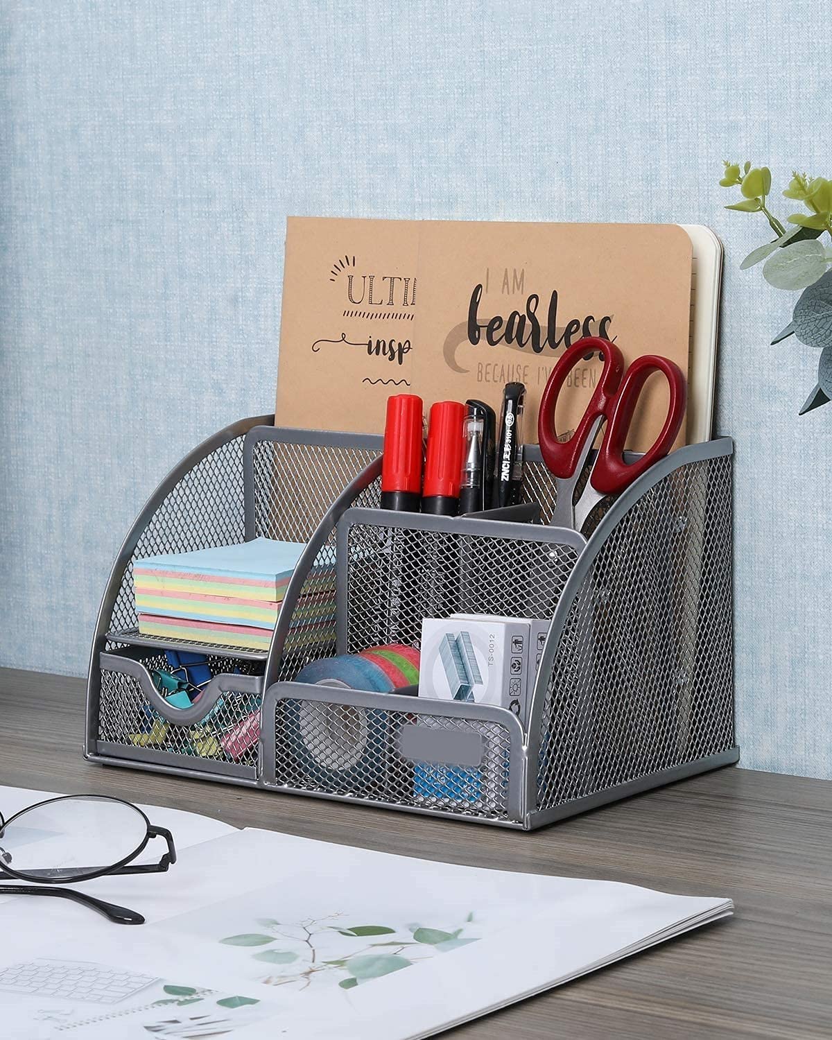 Stylish Silver Gray 6-Compartment Metal Desk Organizer - HomeRoots Office Supplies for Pens, Pencils, Scissors & Stationery - Perfect for Home Office, School & Workspace Organization