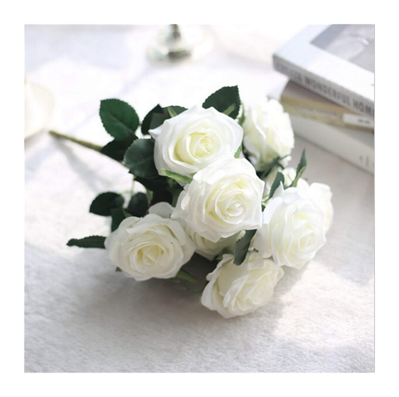 10 Heads Artificial Silk Rose Flowers - Realistic Fake Bouquet for Wedding Decorations, Home Party, Centerpieces & Bridal Shower (White) - Perfect for Table Arrangements, Aisle Decor, and Photo Backdrops