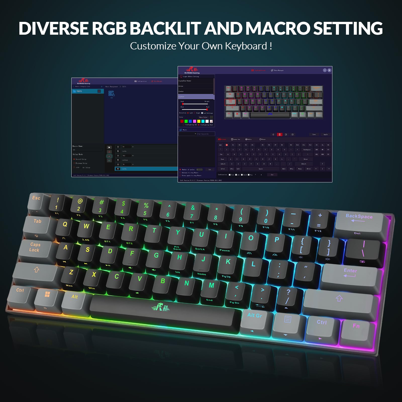 Rii 60% Compact Mechanical Gaming Keyboard - Bluetooth 5.0/Wired USB-C/2.4GHz Wireless, RGB Backlit, Linear Red Switches, PBT Keycaps, QMK/VIA Programmable for Windows/Mac/PC/Laptop (Black) - Perfect for Esports, Office Work & Travel