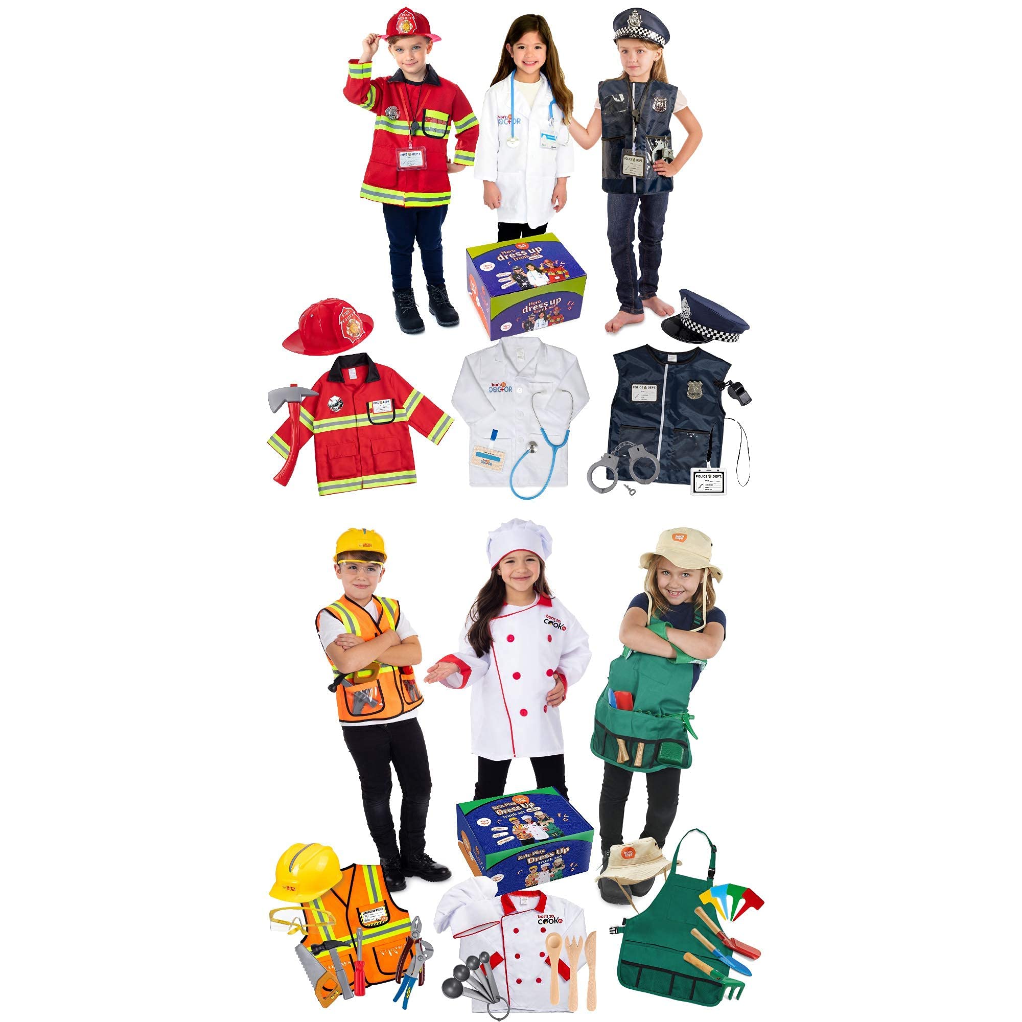 Born Toys Deluxe Premium Washable Hero & Dress Up Trunk Set - Fireman, Policeman, Doctor, Construction Worker, Gardener & Chef Costumes for Kids Ages 3-8 | Perfect for Role Play, Pretend Play & Halloween Costumes