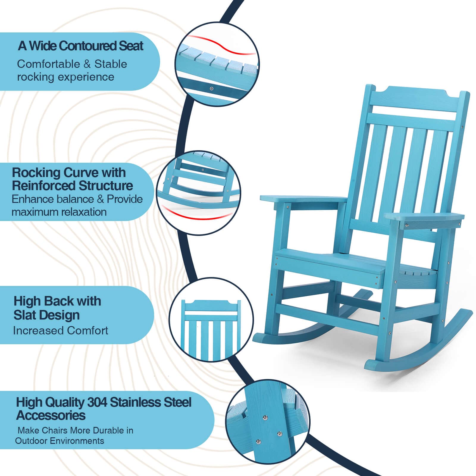 2-Pack All-Weather Poly Lumber Outdoor Rocking Chairs - 380 lb Weight Capacity - Lake Blue - Perfect for Porch, Patio, Garden & Backyard Relaxation