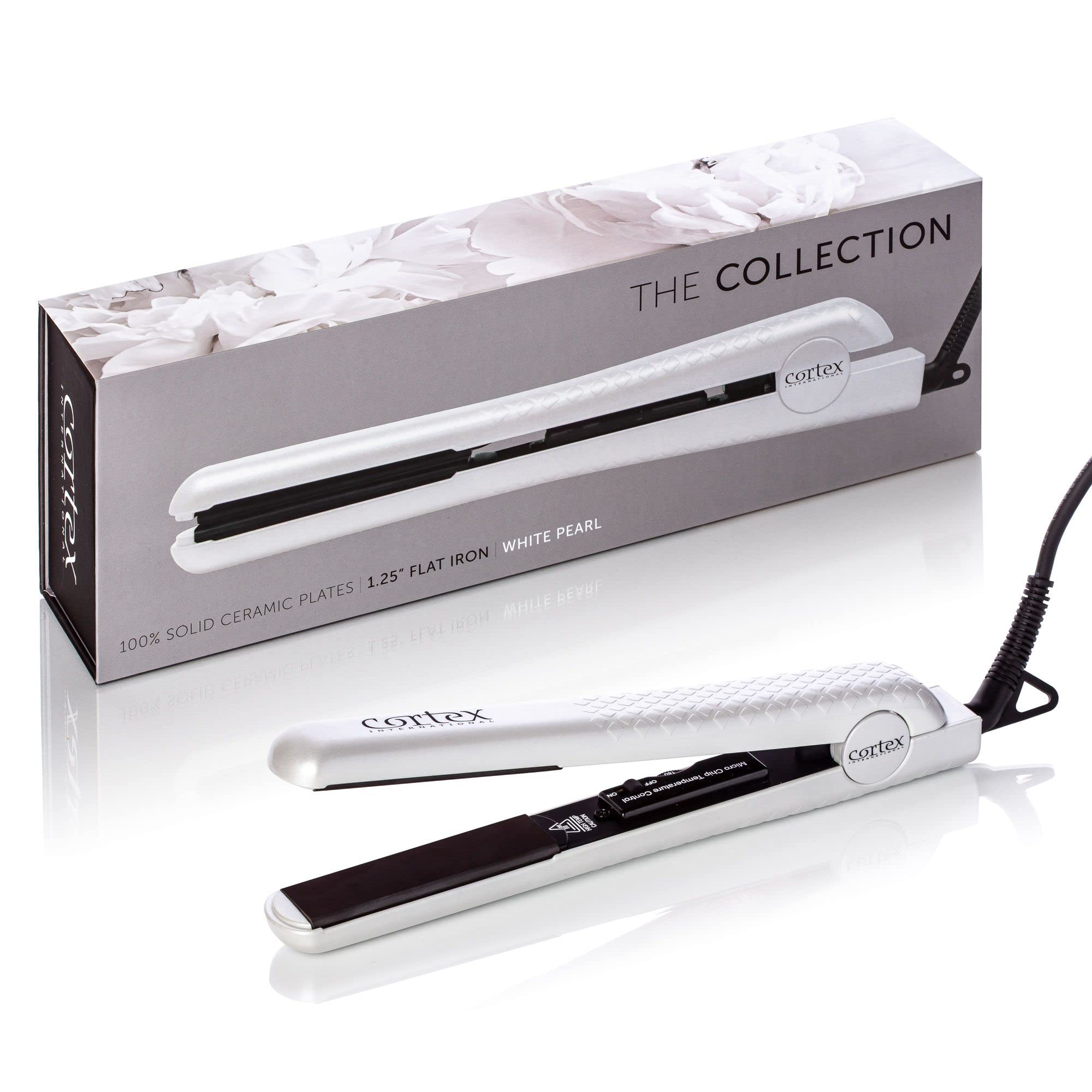 Professional Tourmaline Ceramic Hair Straightener Flat Iron 1.25 Inch - Black Series with Gemstone Infused Plates for Smooth & Shiny Hair | Perfect for Home Use, Salon Styling & Travel (White Floral Design)