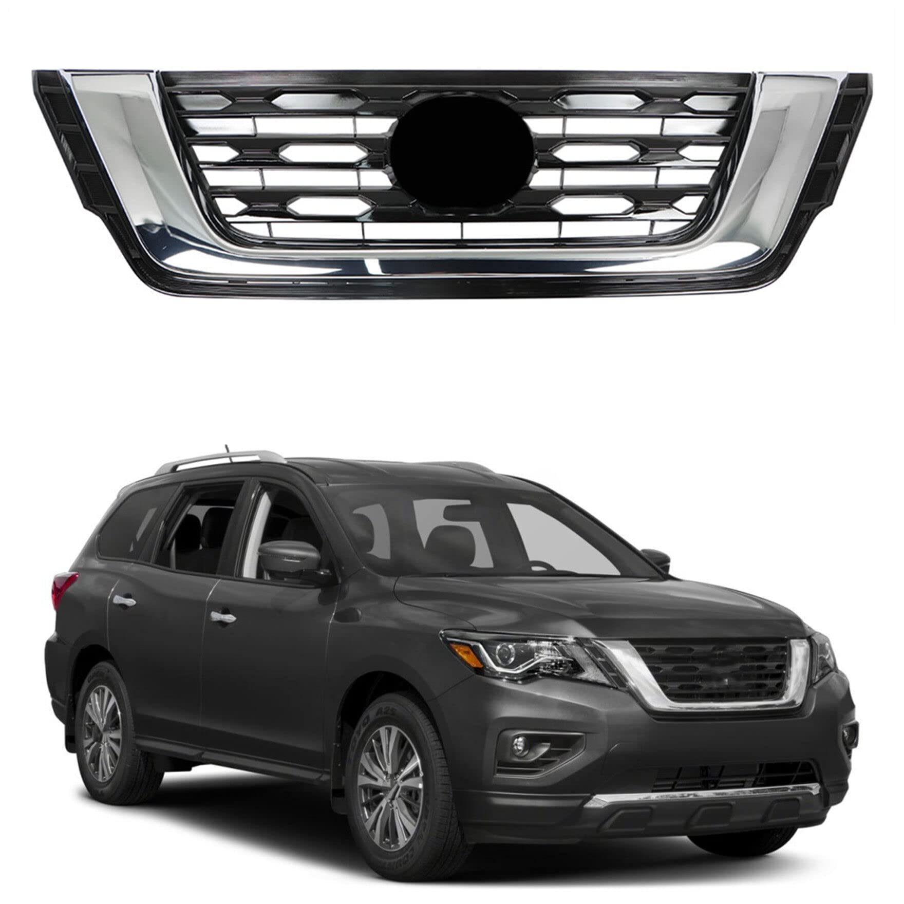Replacement Front Bumper Upper Grille for 2017-2020 Nissan Pathfinder - Chrome Black Trim (Part #NI1200296) | Durable & Stylish Upgrade for Off-Road & City Driving