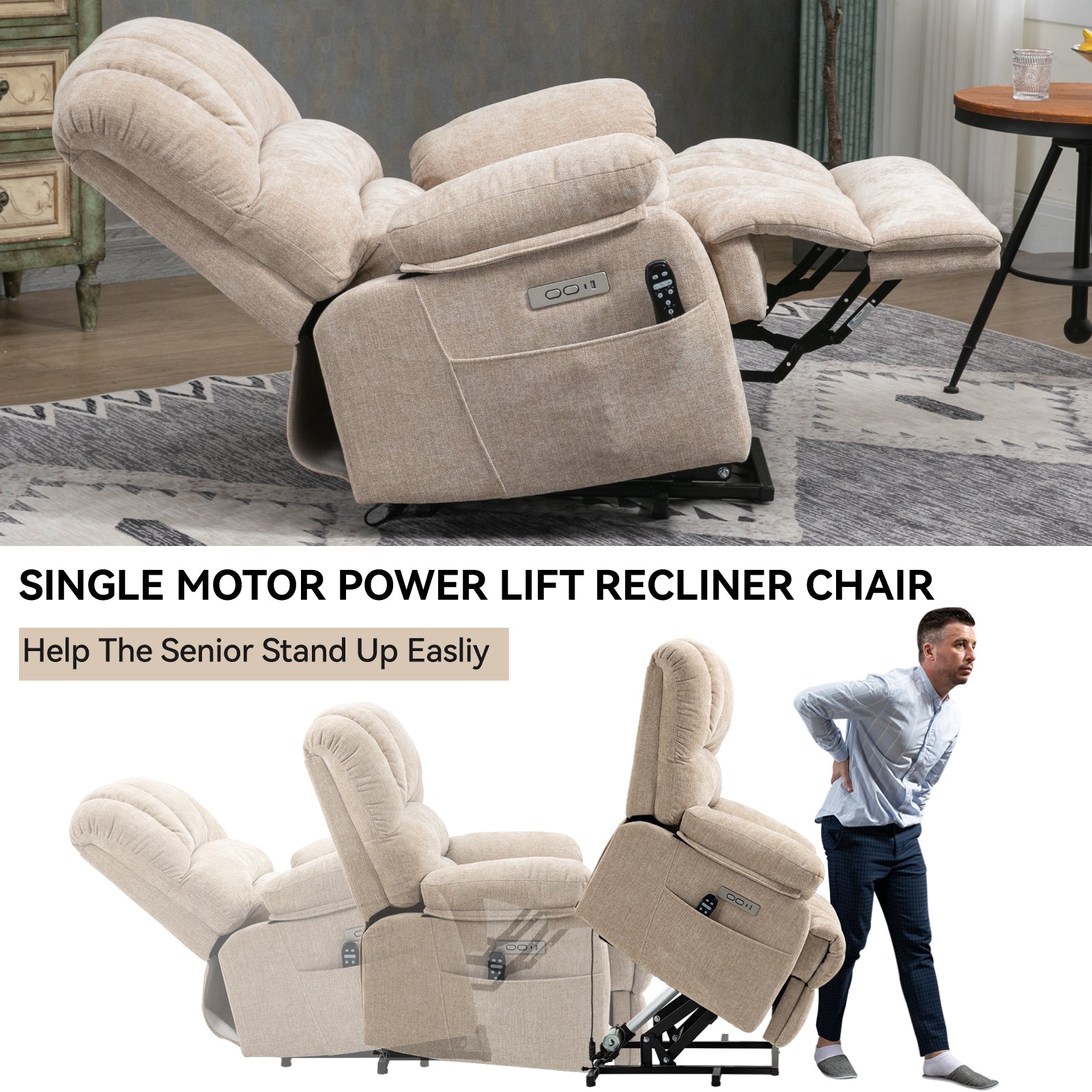 Extra Wide 23-Inch High Back Large Beige Chenille Power Lift Recliner Chair with 8-Point Vibration Massage & Lumbar Heating - Perfect for Living Room, Home Theater & Elderly Comfort