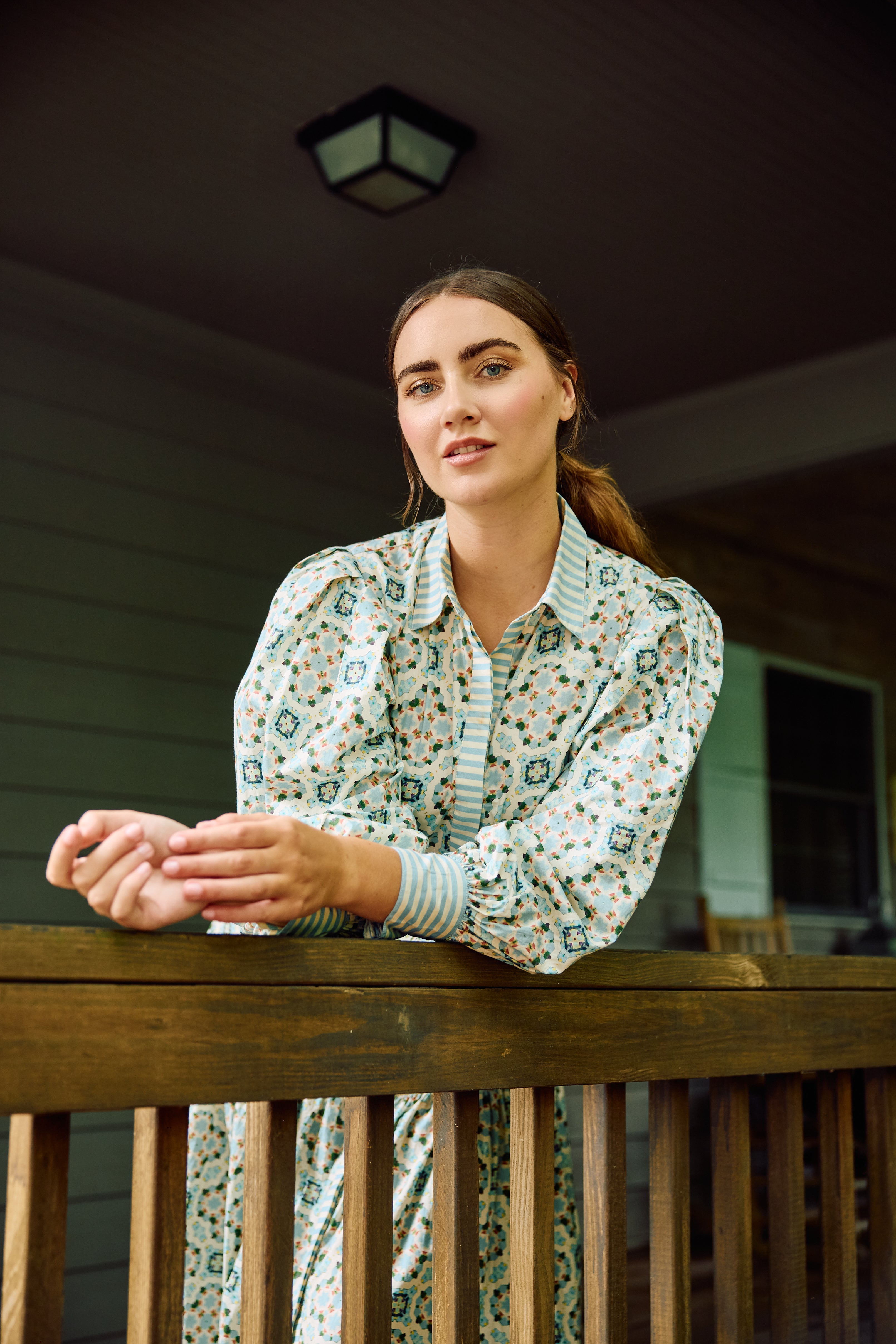 Laura Long Sleeve Quatrefoil Print Dress in Blue & Ivory - Elegant Office Wear & Casual Party Outfit