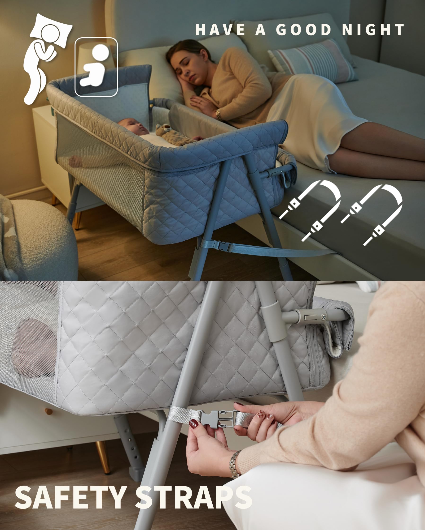 Portable Baby Bassinet Bedside Sleeper - Adjustable Height Crib for Newborns with Breathable Mesh & Mattress, 4 Auto-Lock Wheels - Perfect for Nursery, Bedroom & Travel Use