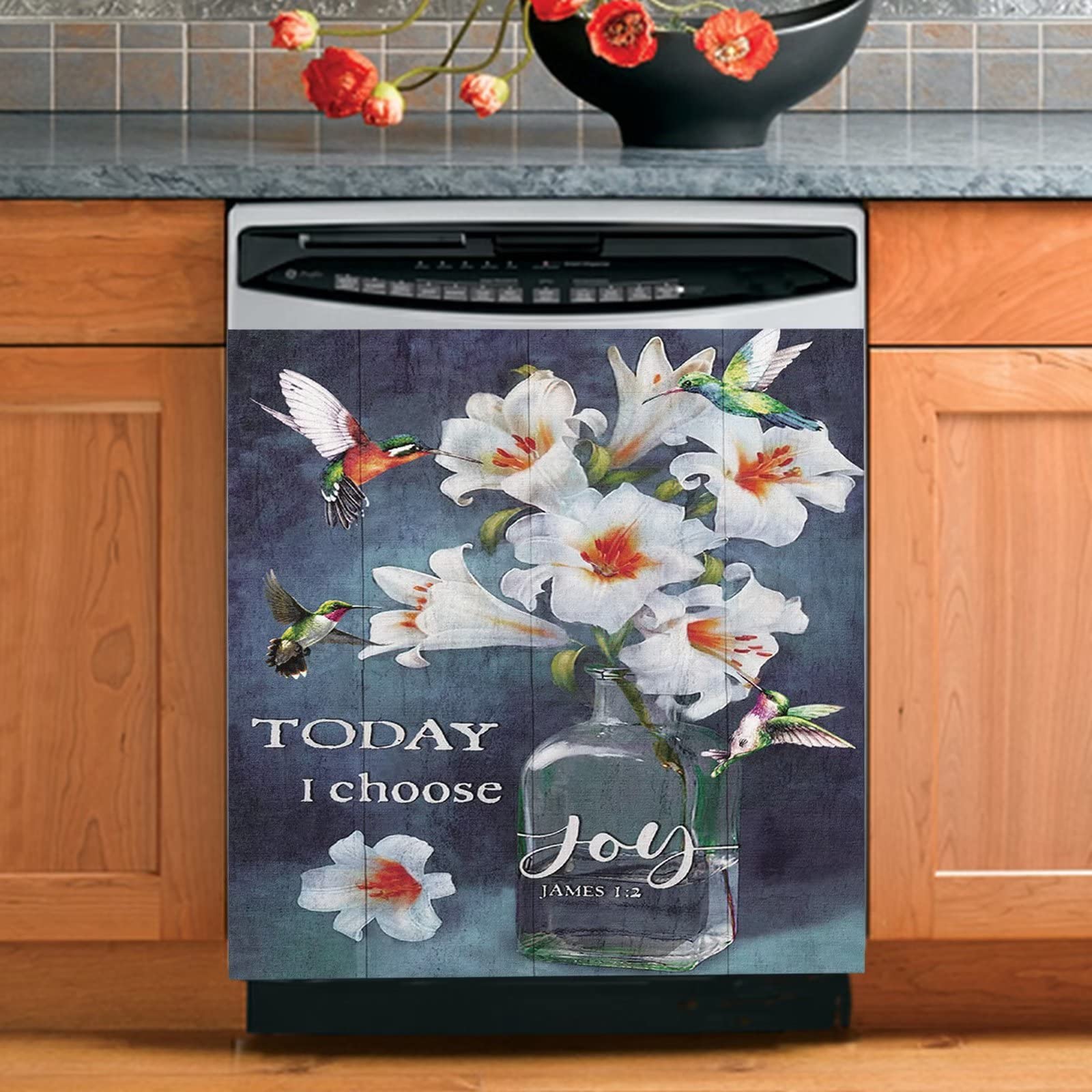 Blooming Lily Flower Dishwasher Cover Magnet - Rustic Wood Front Panel for Dishwasher & Refrigerator - Farmhouse Bird Design Christian Home Decor (23