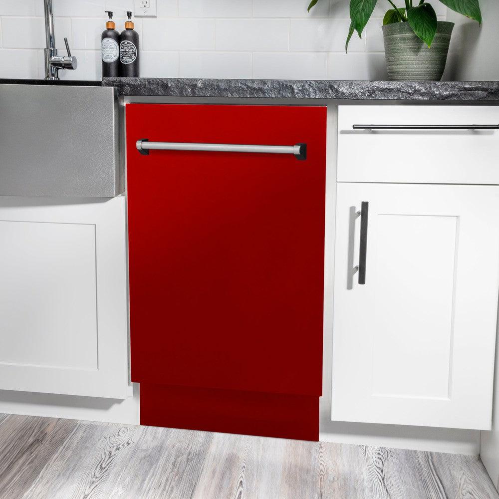 ZLINE 18 Inch Tallac Series 3rd Rack Top Control Dishwasher - Stainless Steel Tub with Red Gloss Panel, 51dBa (DWV RG 18) - Perfect for Modern Kitchens and Open-Concept Homes