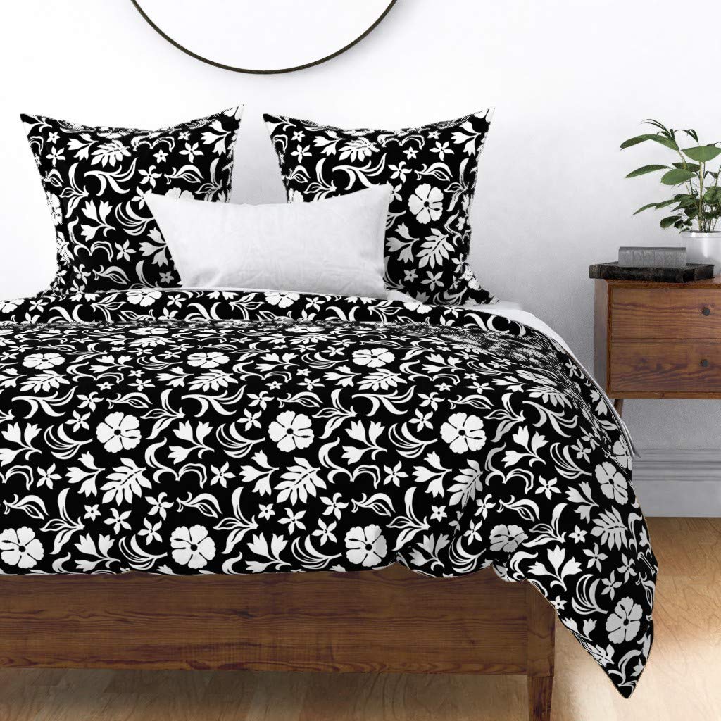 Custom Aloha Flowers Tiki Hawaii Beach Jungle Tropical Black White 19D Print Cotton Sateen Duvet Cover - King/California King Size | Perfect for Tropical Bedroom Decor, Vacation Home & Hawaiian Theme Bedding