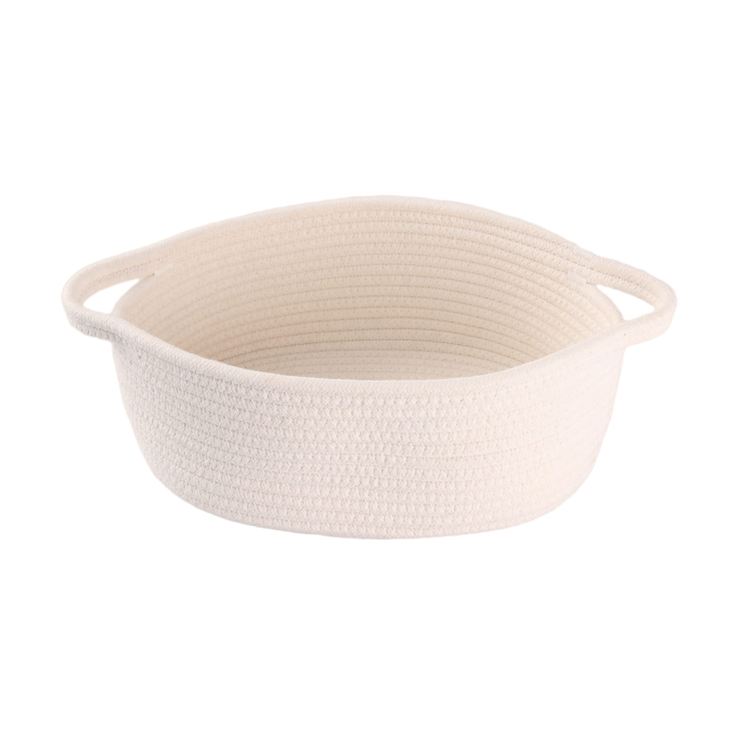 Small Woven Cotton Rope Storage Basket with Handle - Cute Oval Baby Nursery Organizer, Pet Toy Bin, Easter Basket for Home Decor & Kids Room Organization (White)