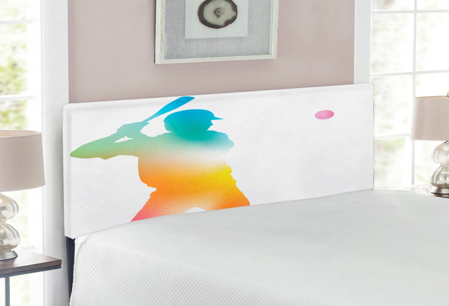 Ambesonne Full Size Baseball Headboard - Colorful Baseball Player Batter Swinging Arms Print, Upholstered Decorative Metal Bed Frame with Memory Foam - Perfect for Sports Themed Bedrooms & Baseball Fan Gifts