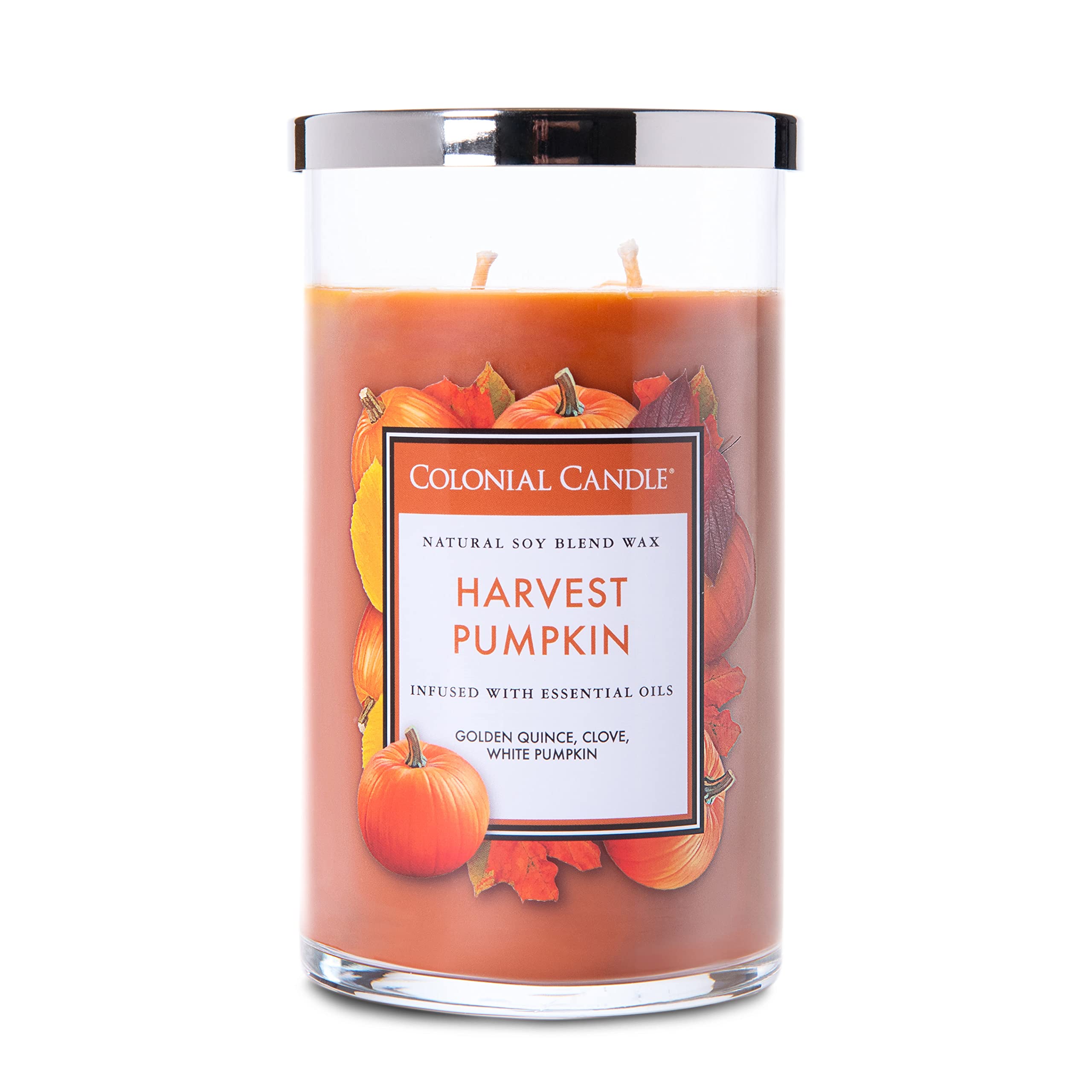 Colonial Candle Harvest Pumpkin Scented Jar Candle - Classic Cylinders Collection, 2-Wick, 19oz Orange Candle with 120-Hour Burn Time | Fall Home Decor, Thanksgiving Centerpiece, Cozy Autumn Ambiance