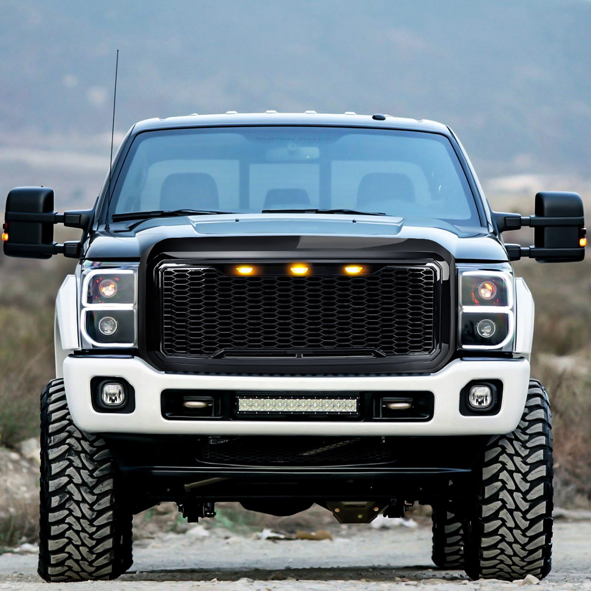 Ford F250 F350 F450 F550 Super Duty 2011-2016 Raptor Style Front Grille with Amber LED Lights - Glossy Black | Off-Road Upgrade & Truck Customization Accessory