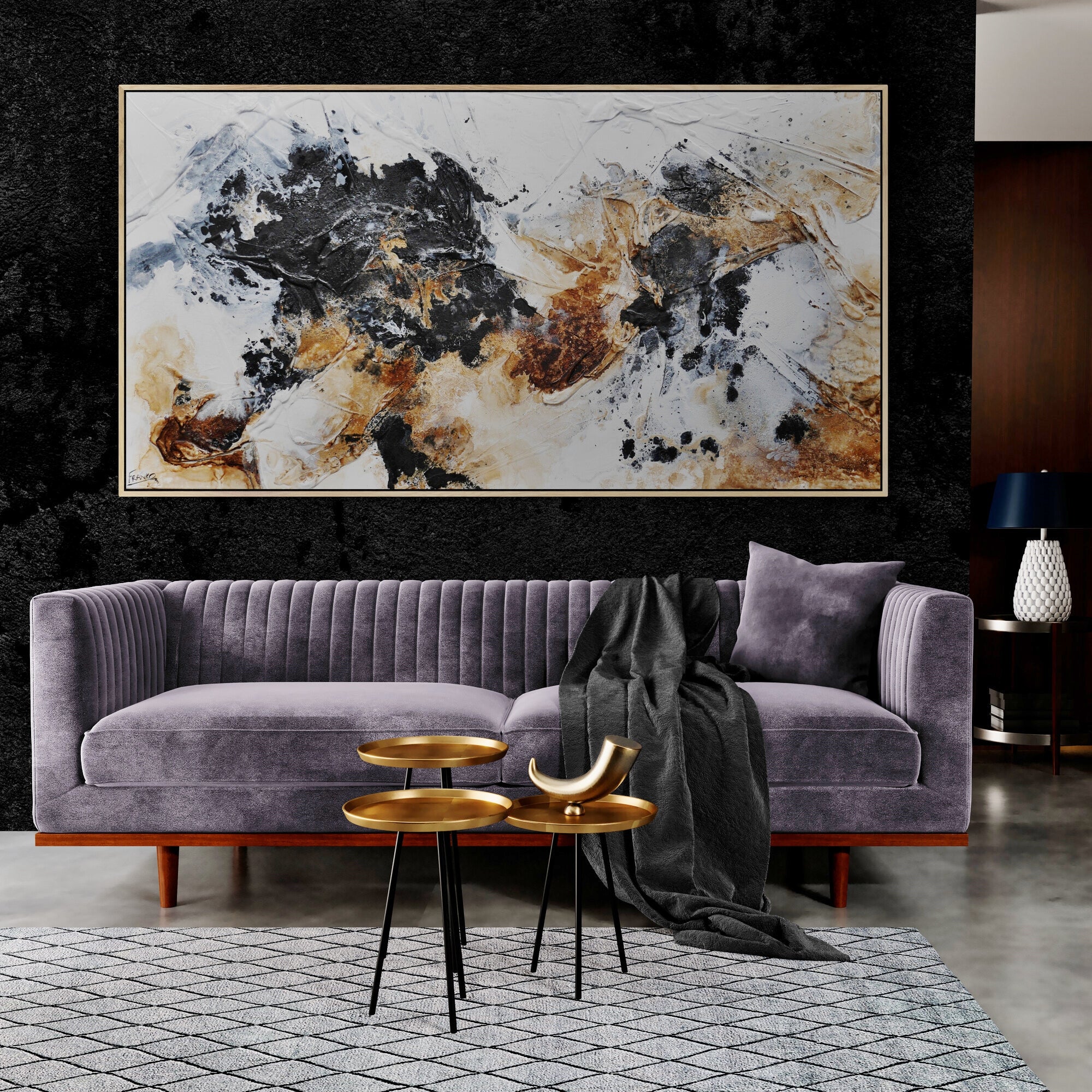 190cm x 100cm Modern Abstract Textured Painting in Rust Black Slate White - Perfect for Living Room, Bedroom or Office Wall Decor