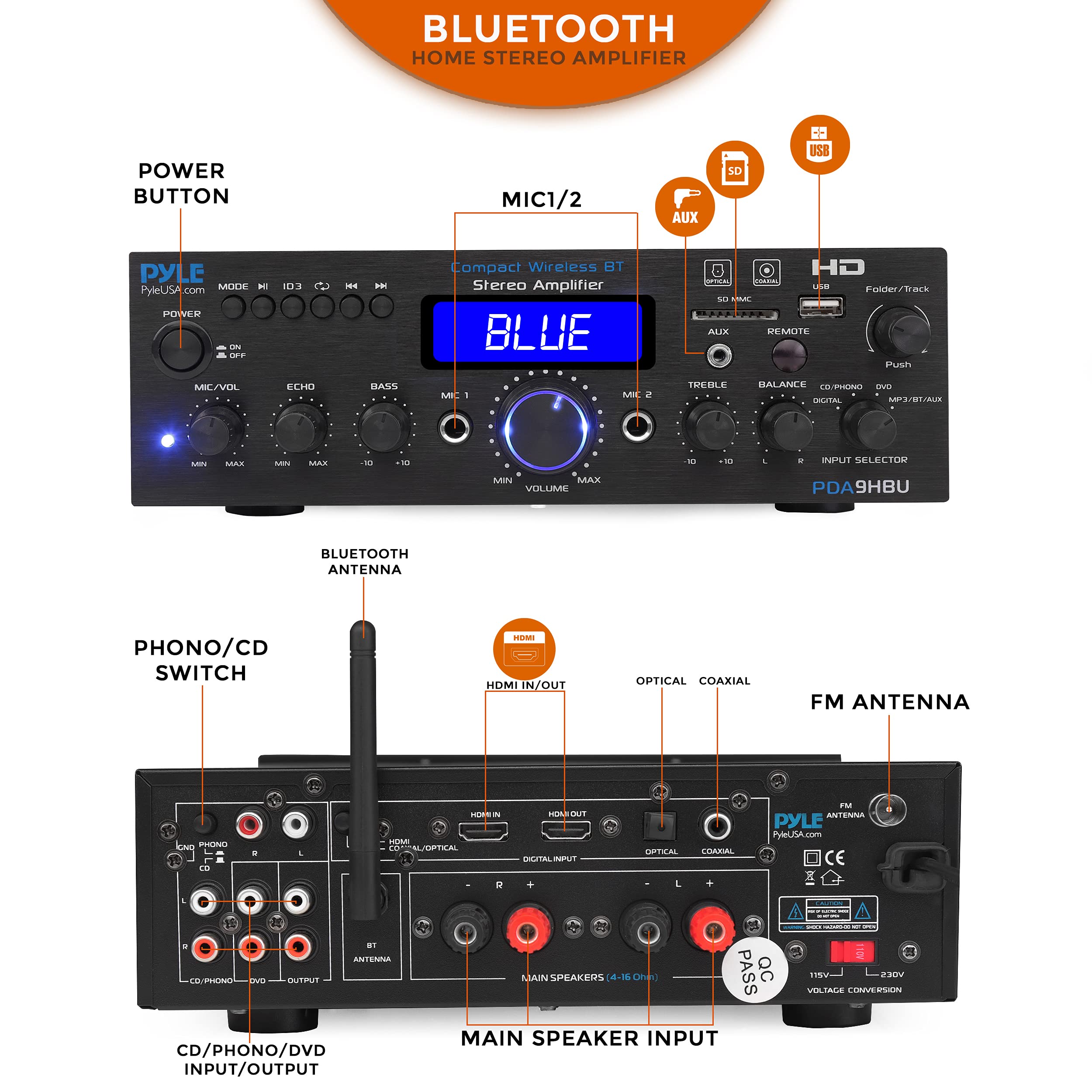 Pyle Wireless Bluetooth Home Stereo Amplifier - 200W Multi-Channel Power Amplifier Audio Receiver with HDMI, Optical/Phono/Coaxial, FM Radio, USB/SD, AUX, RCA & Mic Inputs - Remote Control - PDA9HBU - Perfect for Home Theater, Karaoke & Music Streaming Systems