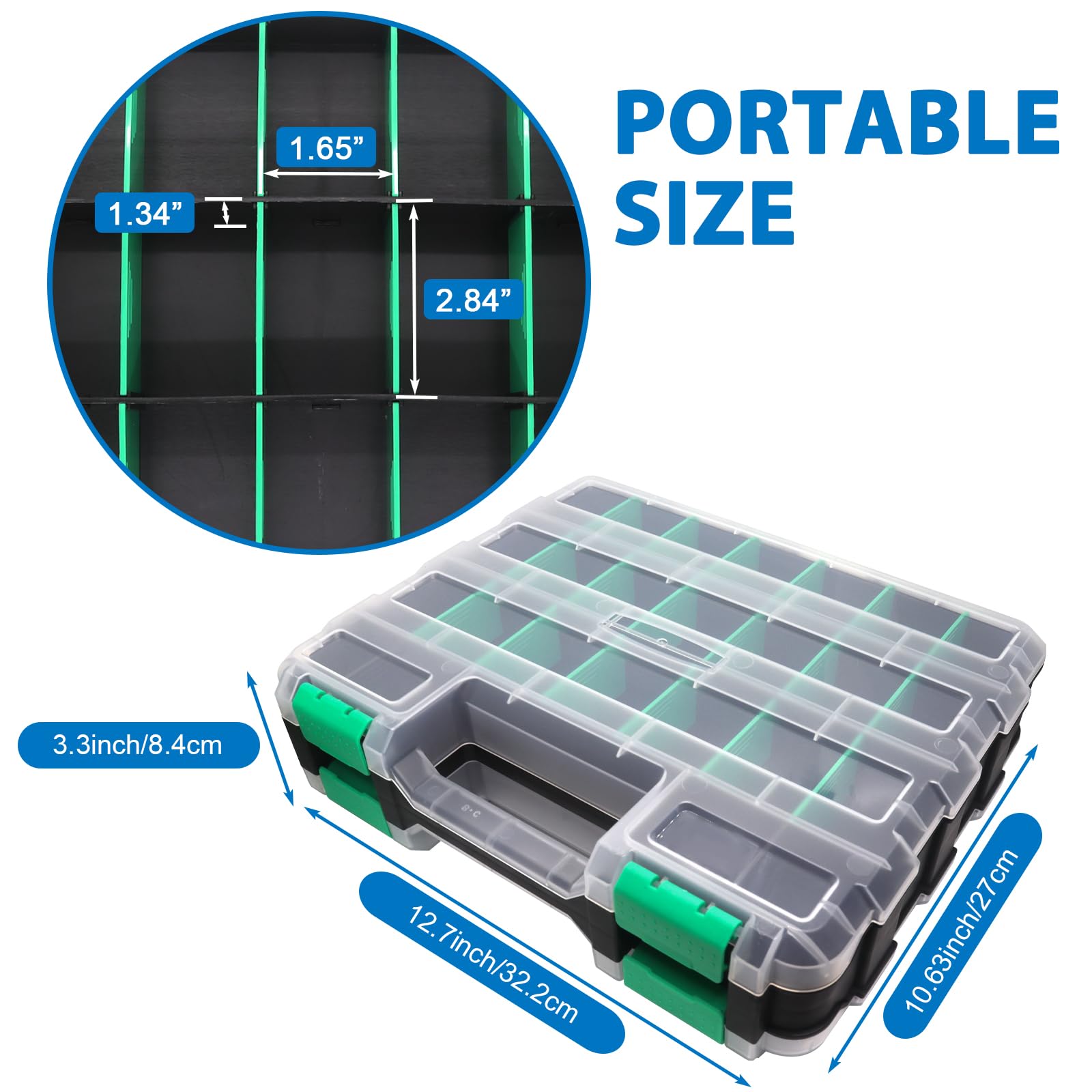 Heavy Duty Double-Sided Tool Box Organizer - Portable Hardware Storage Box with Removable Plastic Dividers for Screws, Nuts, Nails, Bolts - Durable Small Parts Organizer for Garage, Workshop & DIY Projects (Green)