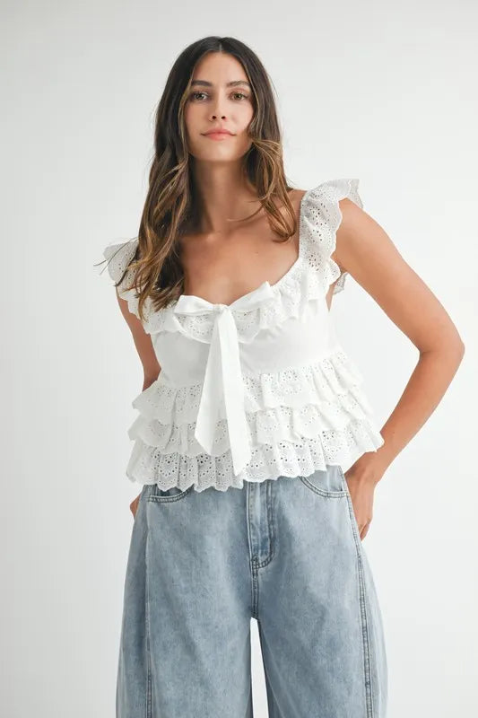 Lace Eyelet Embroidered Front Tie Ruffle Summer Top - Women's Floral Blouse for Beach, Vacation & Casual Outings