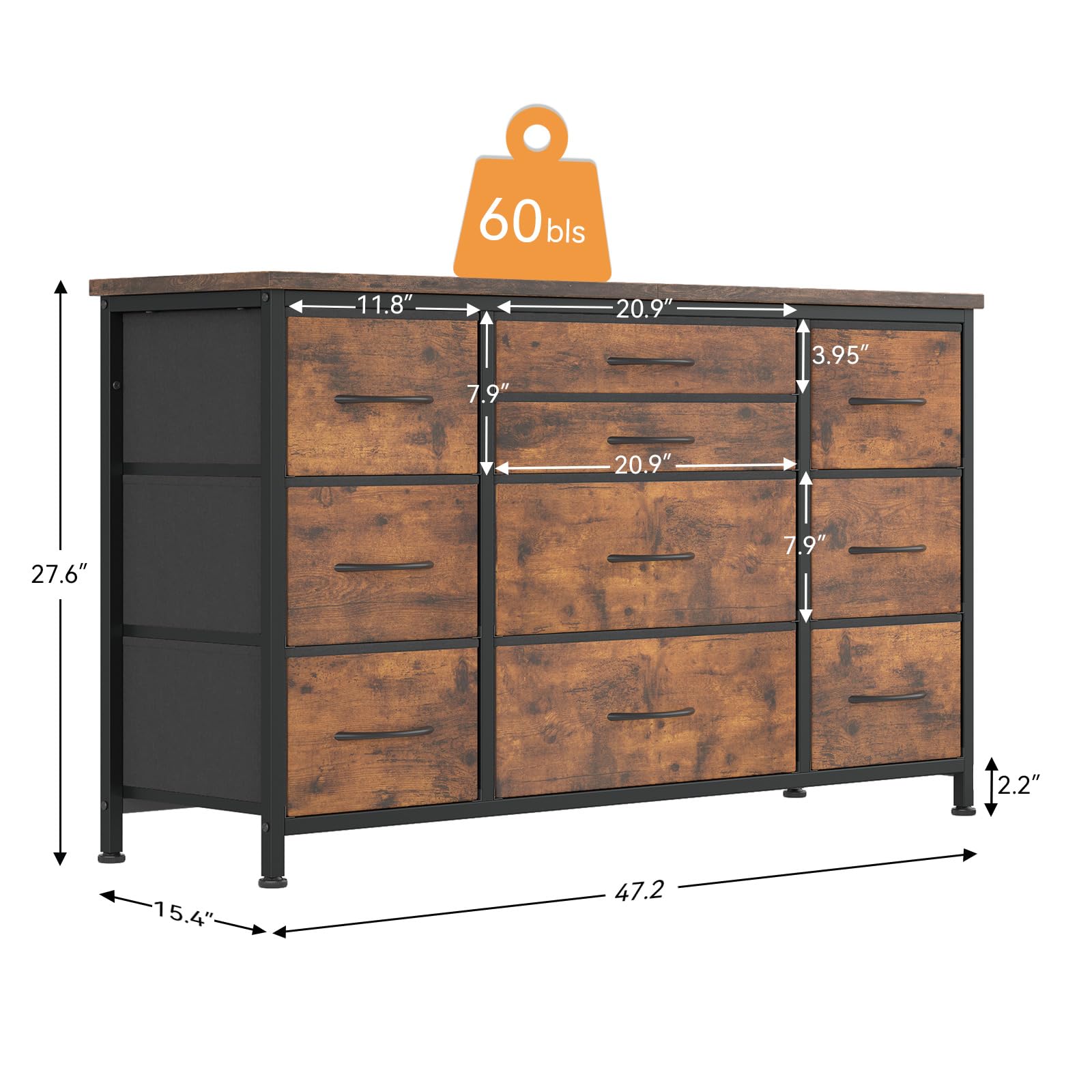 Jojoka 10-Drawer Wide Dresser with Power Outlet - 55 Inch TV Stand & Entertainment Center, Rustic Brown Storage Cabinet with Sturdy Metal Frame for Bedroom, Closet, Entryway - Perfect for Organizing Clothes, Electronics & Home Decor