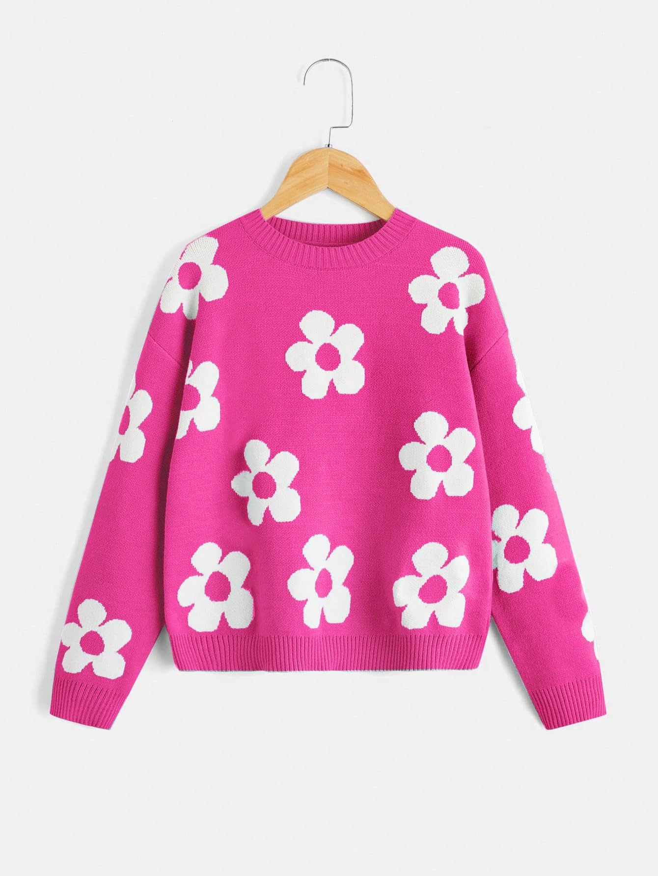 SHENHE Girls' Floral Print Long Sleeve Crewneck Sweater - Soft Casual Pullover Jumper Top for School, Playdates & Fall Outfits