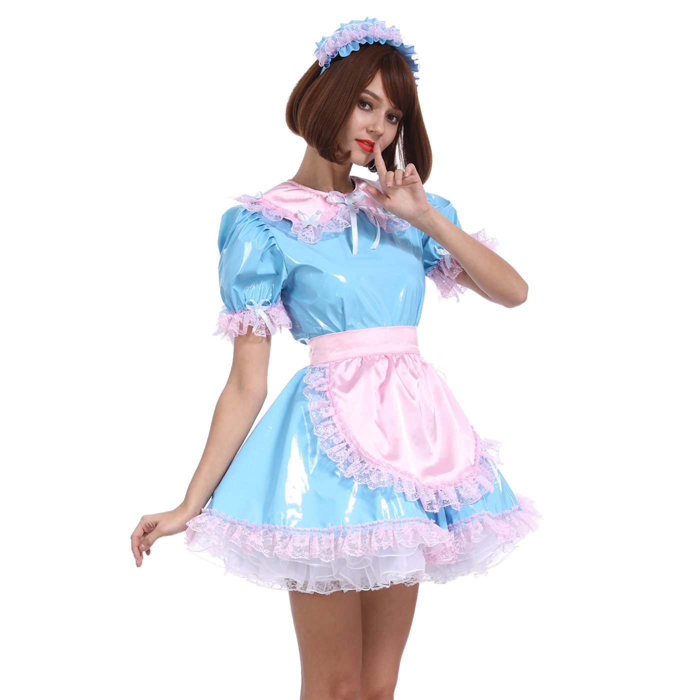 Sexy French Maid Costume for Women - Light Blue PVC Dress Uniform for Cosplay, Halloween & Role Play - Perfect for Parties, Lingerie & Fetish Wear