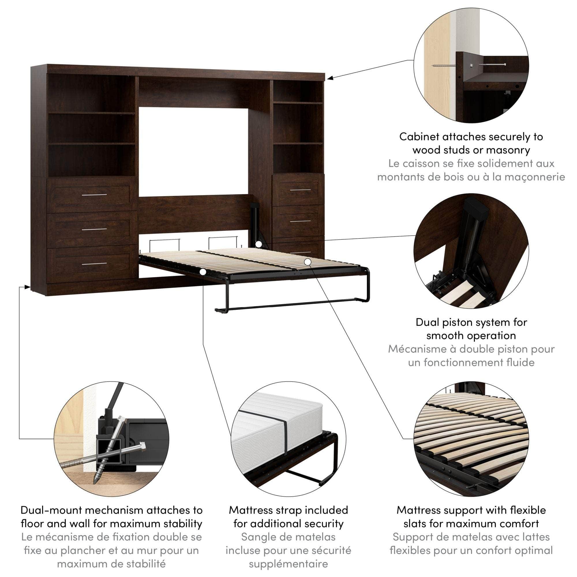 Pur Full Murphy Wall Bed with 2 Storage Units & Drawers (120 Inch) - 5 Color Options | Space-Saving Wall Bed for Small Apartments & Guest Rooms