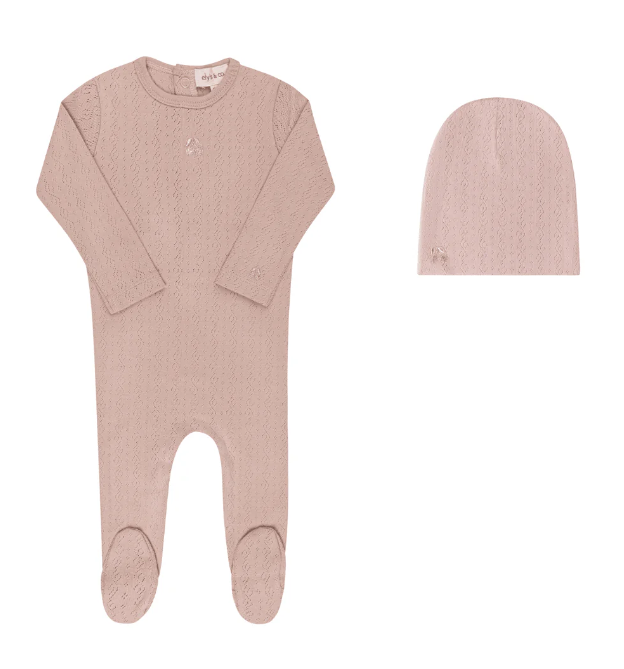 ELY & CO EMB Cherry Pointelle Baby Footie with Beanie Set (1M-12M) - Soft & Cozy Newborn Outfit for Photo Shoots, Gifts & Everyday Wear