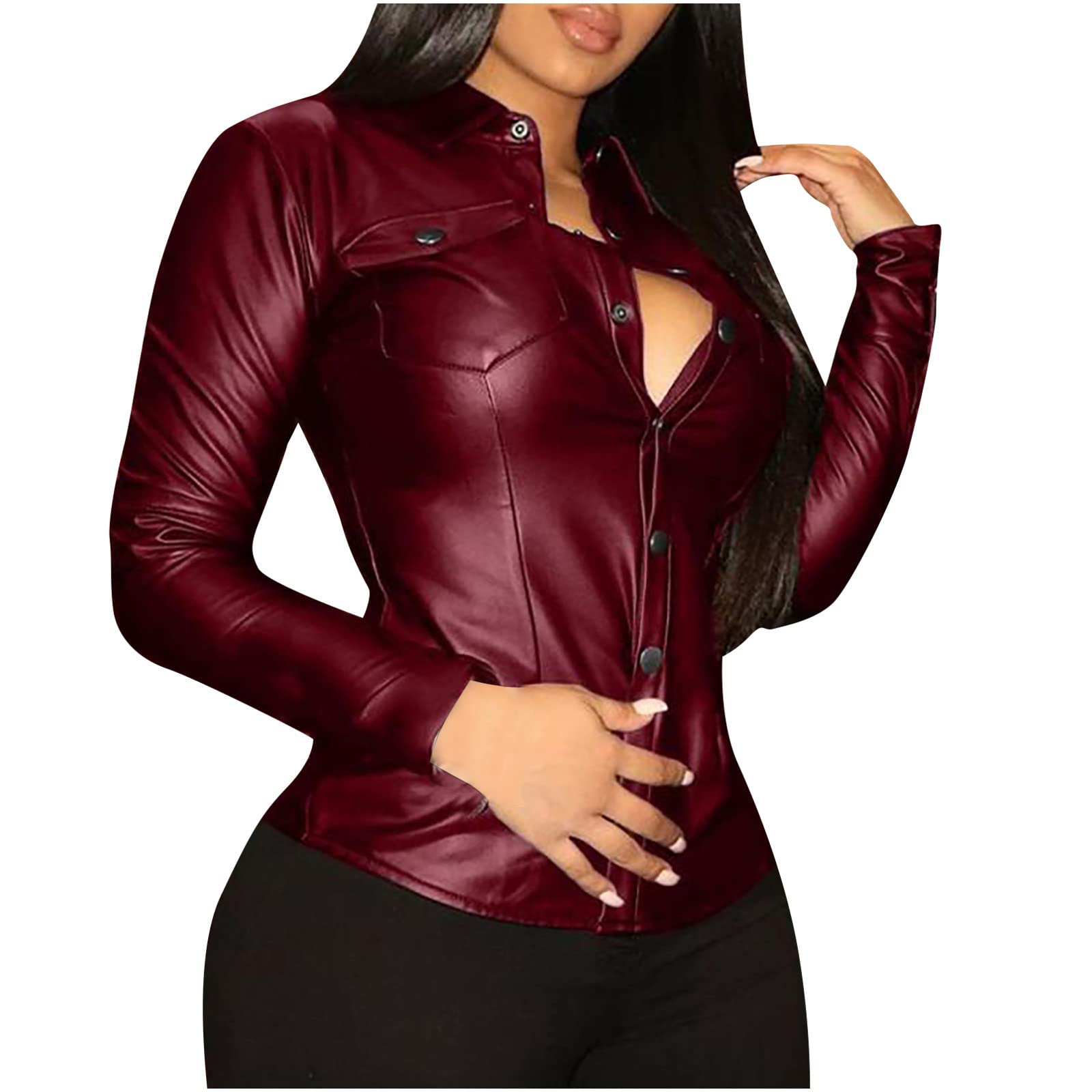 Women's Slim Fit Long Sleeve T-Shirt with Lapel Collar & Pockets - Solid Color Leather Look Button Down Blouse for Work, Casual & Date Night Outfits
