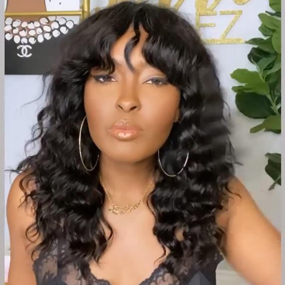 180 Density Deep Wave Wig with Bangs - O Scalp Top Full Machine Made Human Hair Brazilian Wig for Women (18 Inch) - Perfect for Daily Wear, Parties & Special Occasions