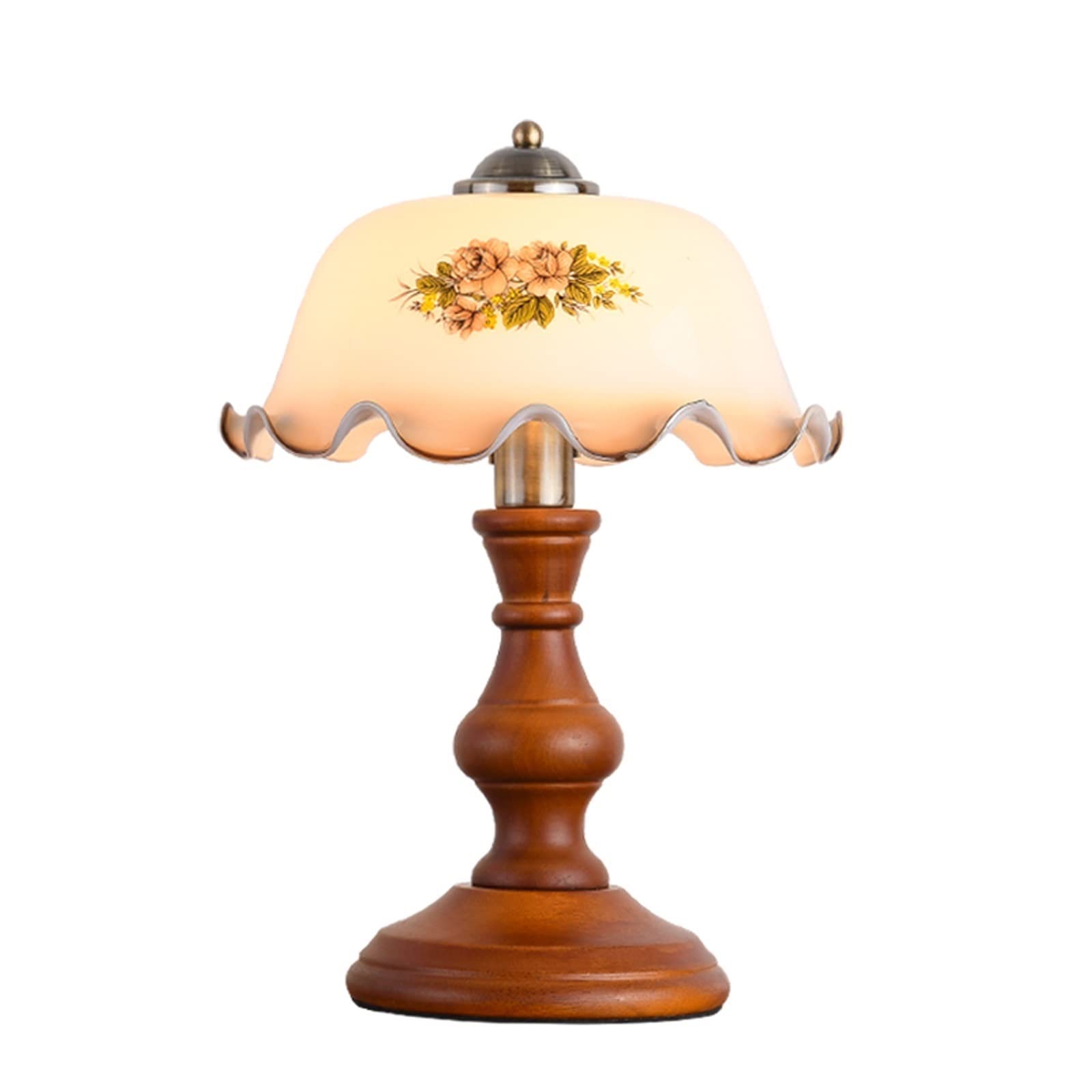 Vintage Wooden Desk Lamp with Glass Shade - 15.7