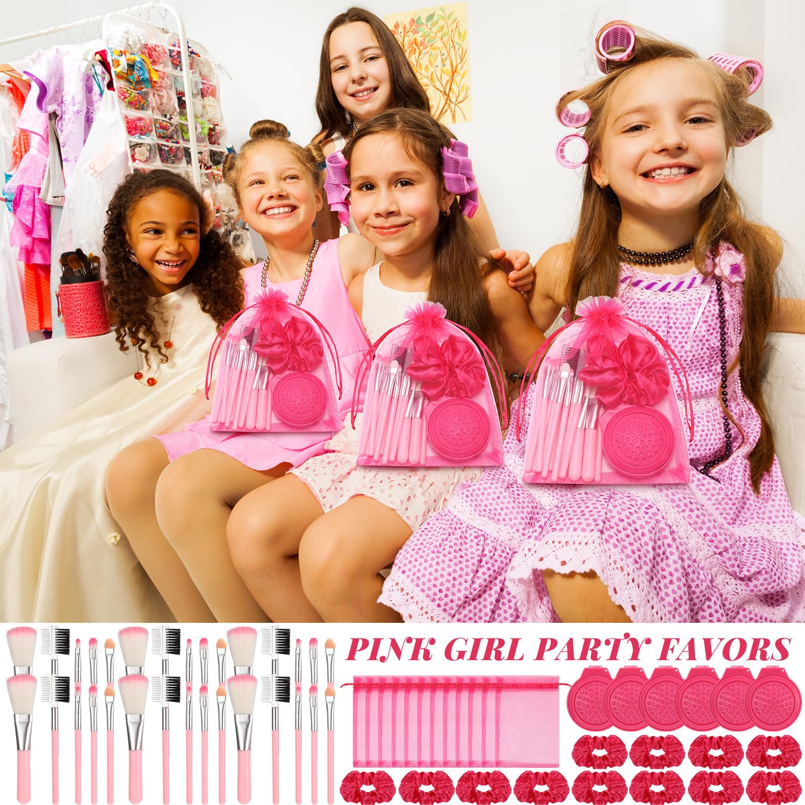 Pink Girls Party Favors Set - 48 Pcs Makeup Kit with Gauze Bags, Hair Scrunchies, Foldable Mirror & Brushes - Perfect for Birthday Parties, Sleepovers, Dress-Up Play and Gift Bags