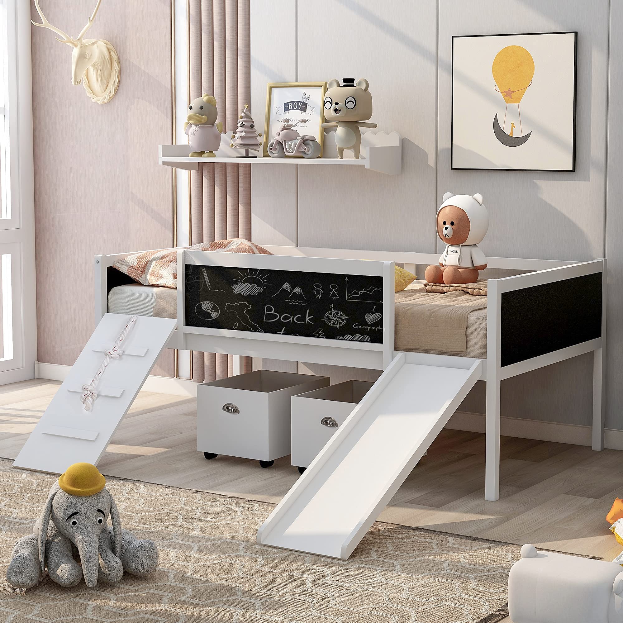 Twin Size Wooden Loft Bed with Storage Boxes, Climbing Frame, Slide & Safety Guardrails - Space Saving Kids Bedroom Furniture for Small Rooms (White) - Perfect for Playrooms, Dorm Rooms & Tiny Homes