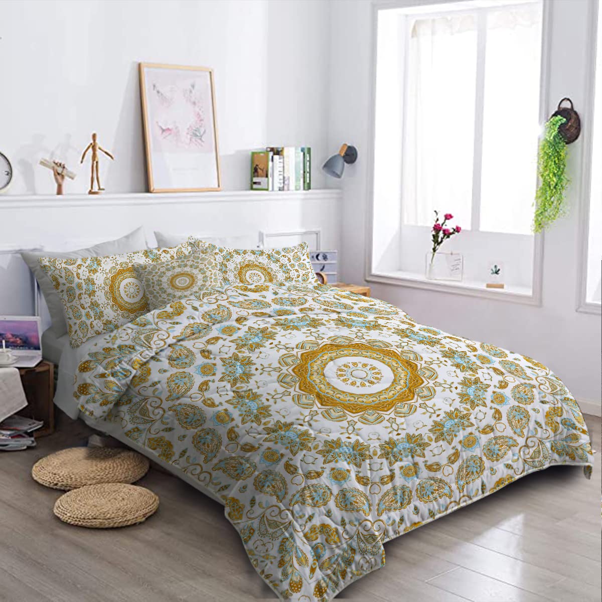 BlessLiving Yellow Mandala Comforter Set - 8 Piece Bohemian Flower Bedding Collection with Lightweight Queen Comforter, Sheets, Pillowcases, Shams & Cushion Cover for Cozy Bedroom Decor | Perfect for Guest Rooms, Dorms & Boho Chic Home Styling