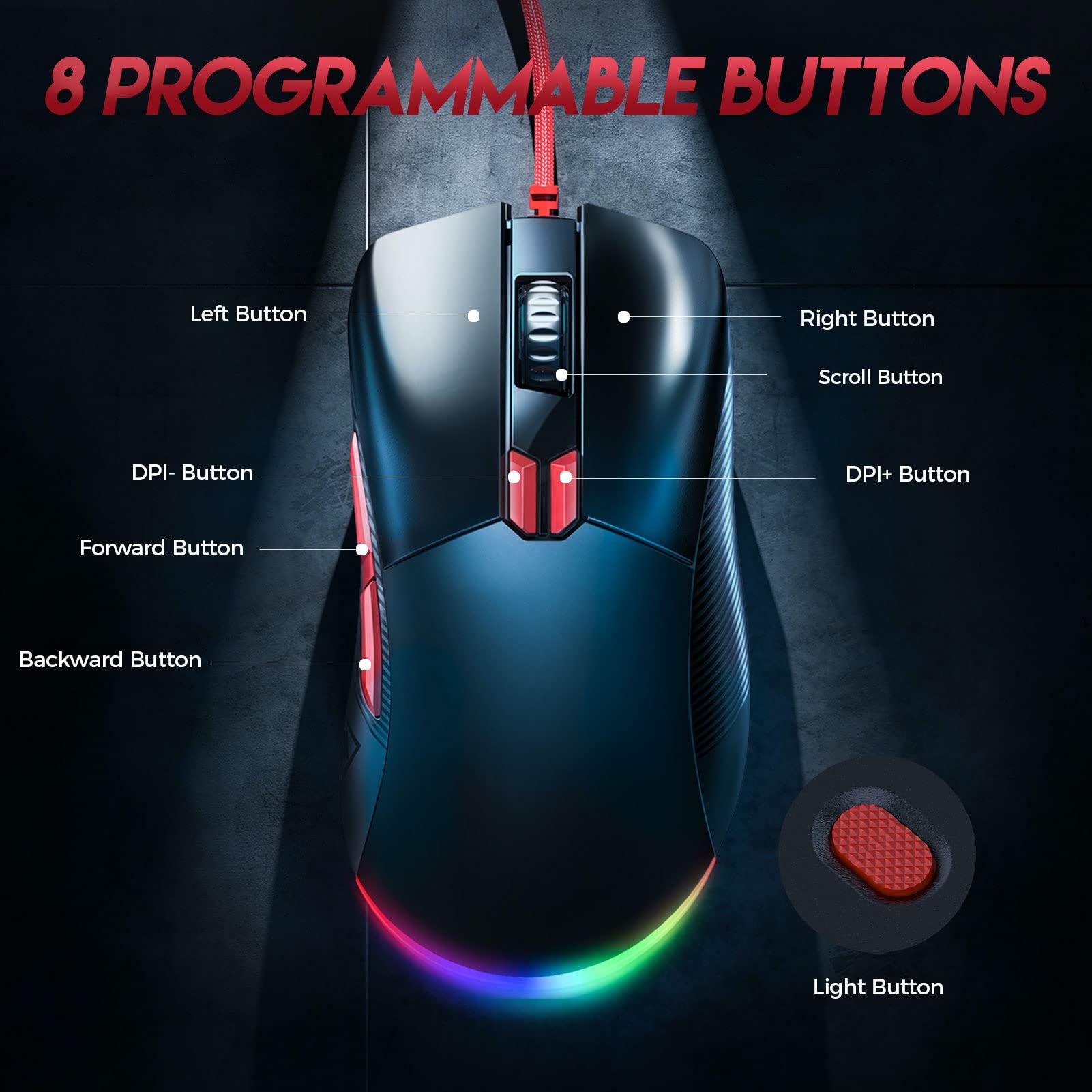 EKSA 16000 DPI Wired Gaming Mouse with Optical Sensor, 8 Programmable Buttons & RGB Lighting - Lightweight FPS/MOBA Mouse for PC & Mac - Perfect for Esports, Streaming & Competitive Gaming