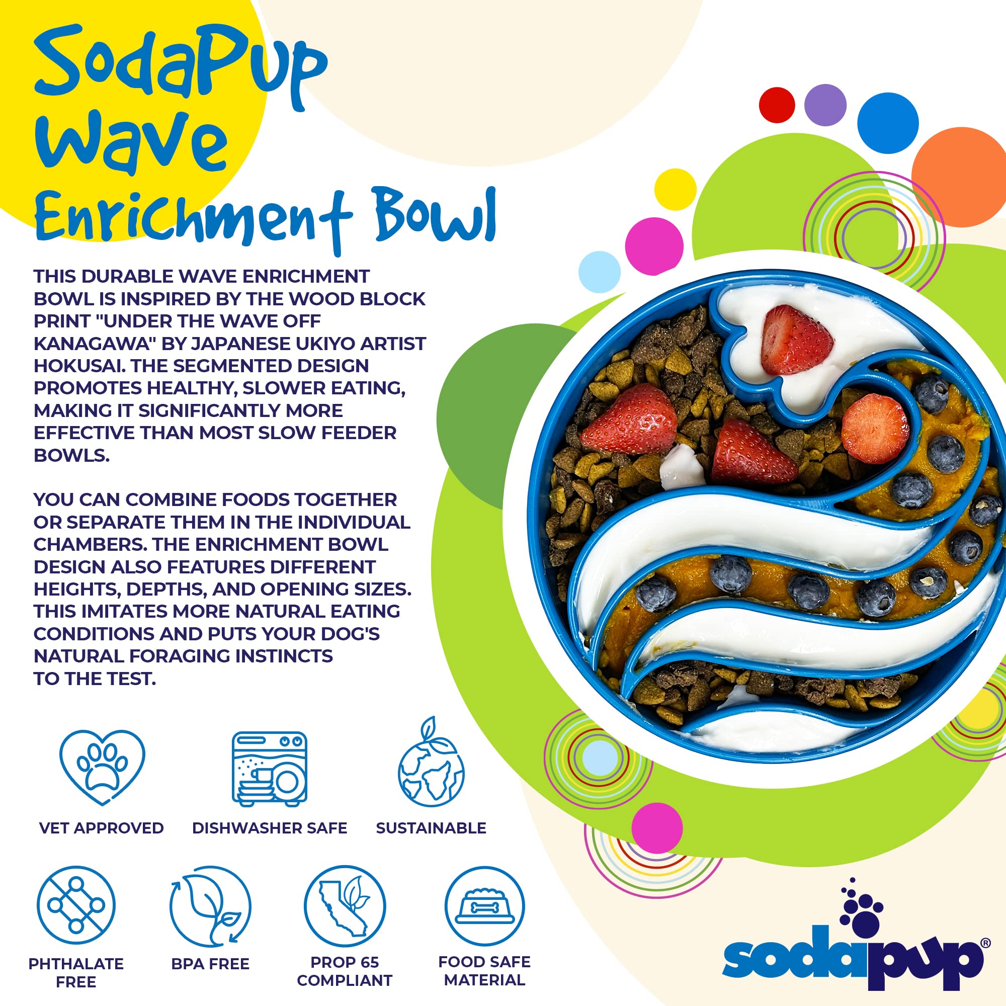 SodaPup Wave Enrichment Slow Feeder Dog Bowl - Non-Toxic Pet Food Safe Dish for Mental Stimulation & Healthy Digestion | Made in USA | Perfect for Fast Eaters & Puzzle Feeding Fun at Home or Travel