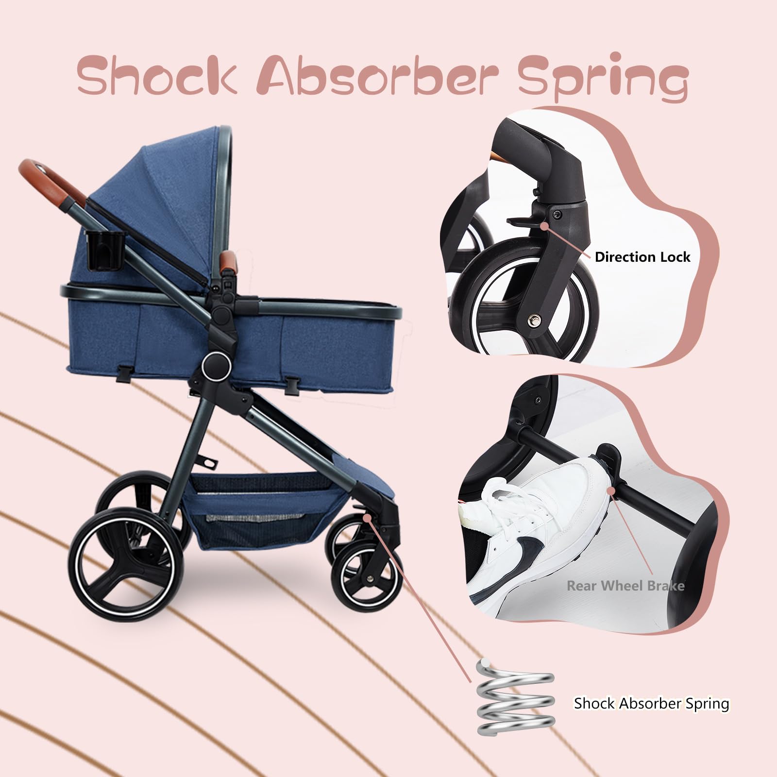 3-in-1 Convertible Baby Stroller | Reversible Bassinet for Newborn to Toddler | Adjustable Canopy & Windproof Foot Cover | Foldable Travel Pram with 5-Point Safety Harness (Blue) - Perfect for City Walks, Park Visits & Family Outings
