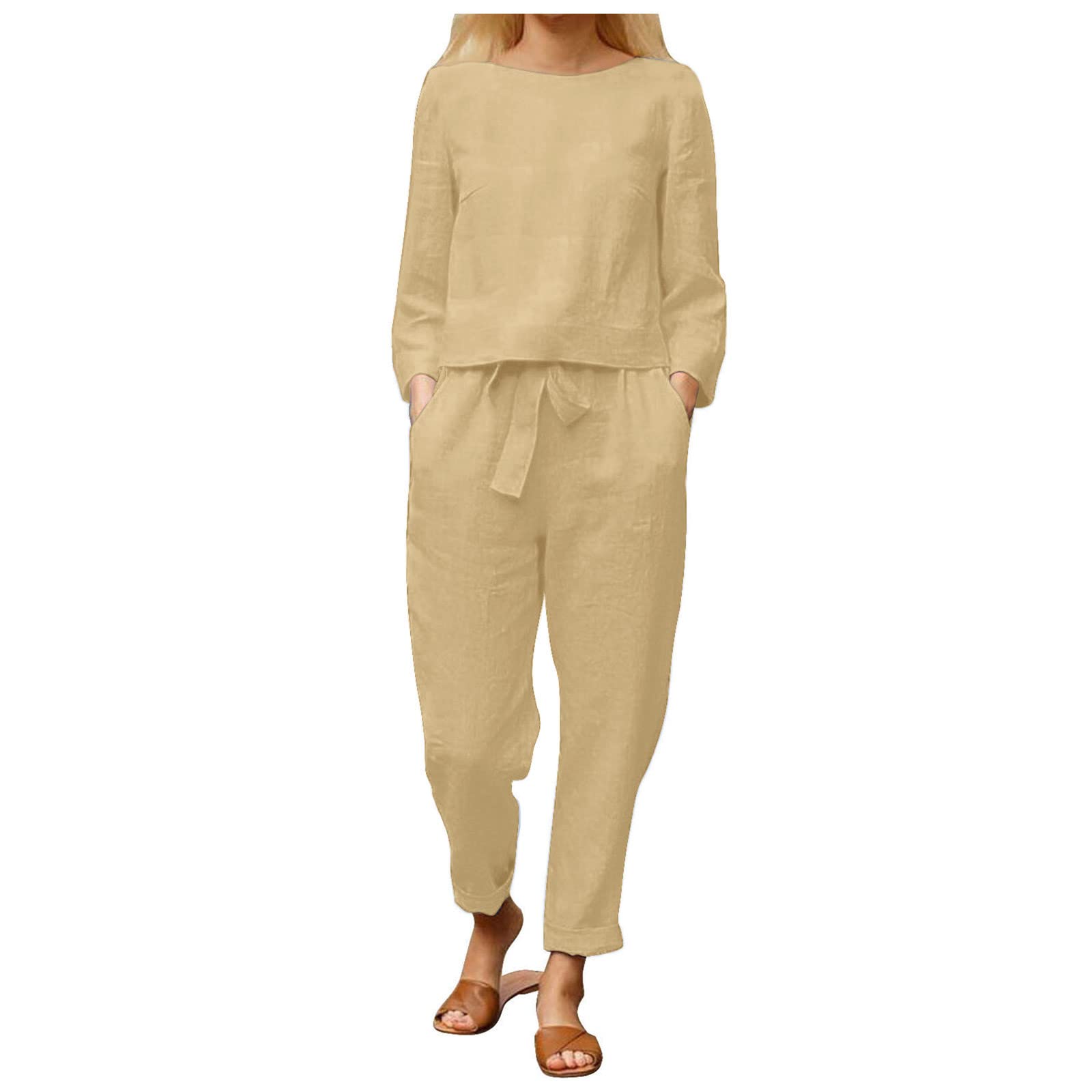 FQZWONG Women's 2-Piece Pajama Set - Long Sleeve Shirt & Pants, Soft Cotton Linen Loungewear for Sleep, Nightwear & Relaxation at Home