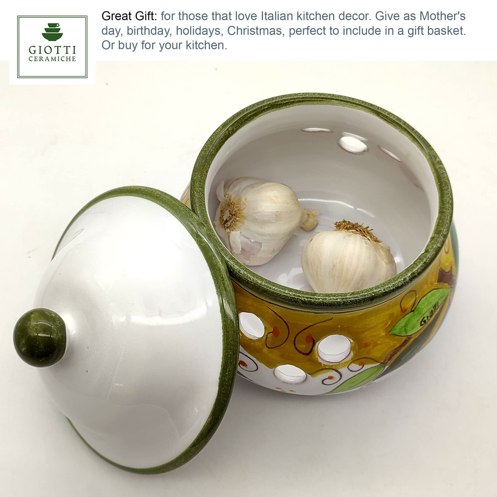 Hand Painted Italian Ceramic Garlic Keeper with Lid - Tuscan Kitchen Storage Jar for Garlic, Tea, Coffee & Spices - Authentic Italian Pottery Home Decor - Perfect for Farmhouse, Rustic & Mediterranean Style Kitchens