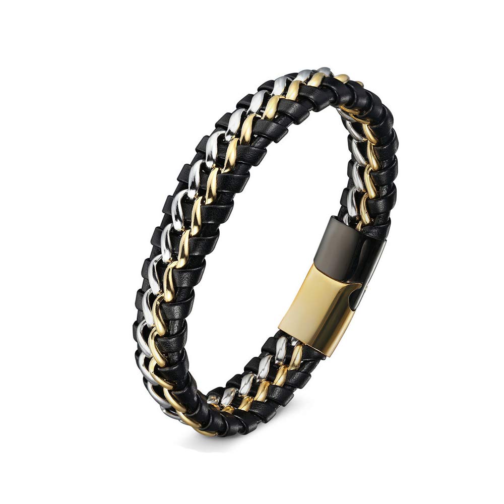 Premium GW Leather & Stainless Steel Braided Bracelet for Men & Women - Adjustable 19-23cm Unisex Cuff Bangle - Perfect Gift for Teens, Couples & Everyday Wear (Casual, Office, Date Night)